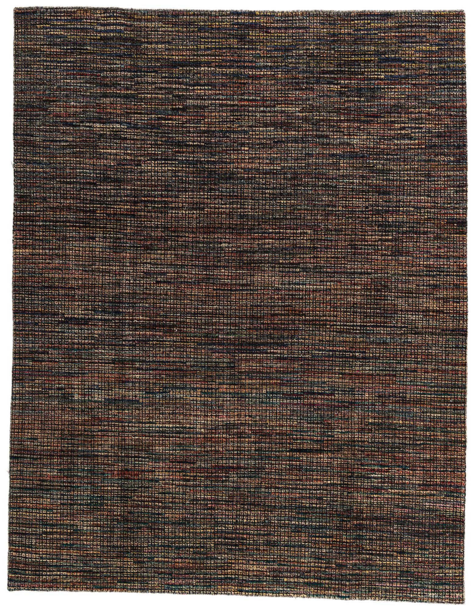 A rectangular 8x10 multi-colored shag rug with a textured tribal, modern, and abstract pattern, ideal for a living room.