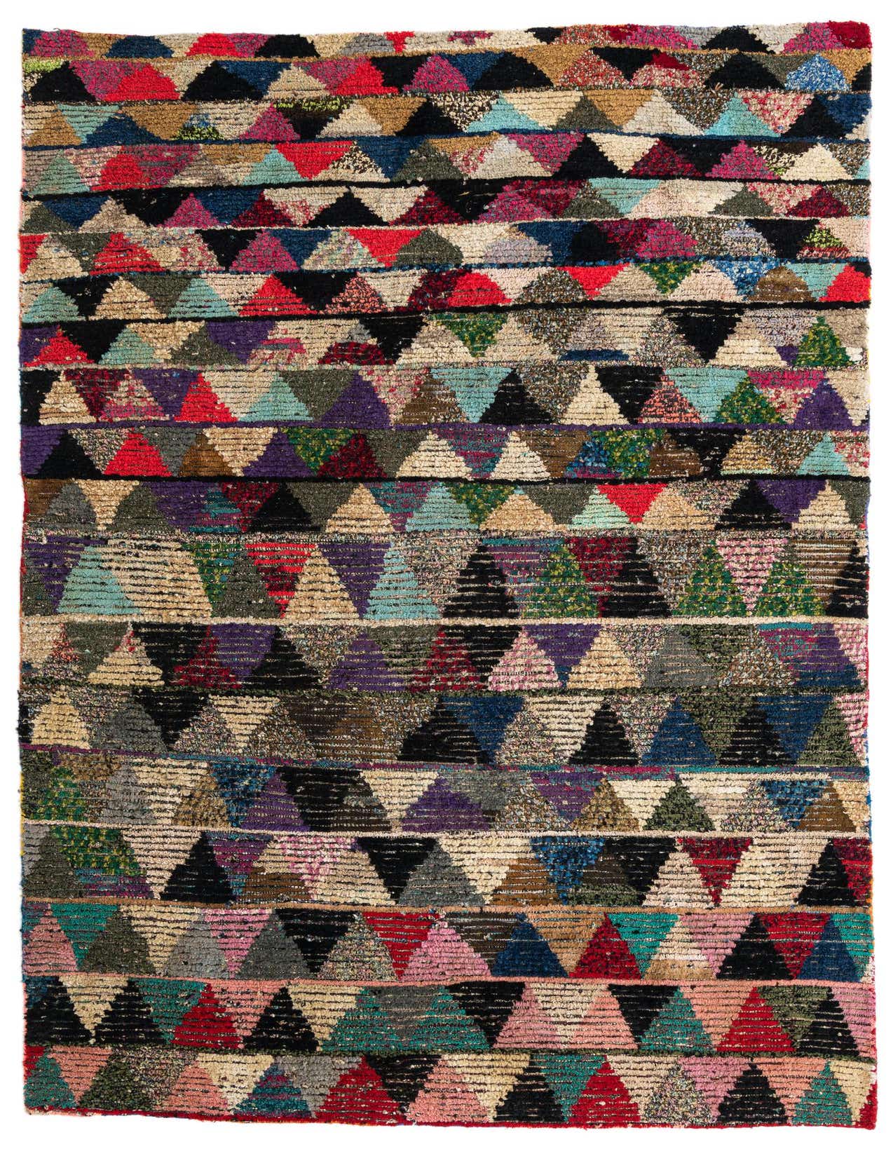 A 6x9 rectangular multi-colored shag rug with a modern tribal triangle pattern, ideal for a living room.