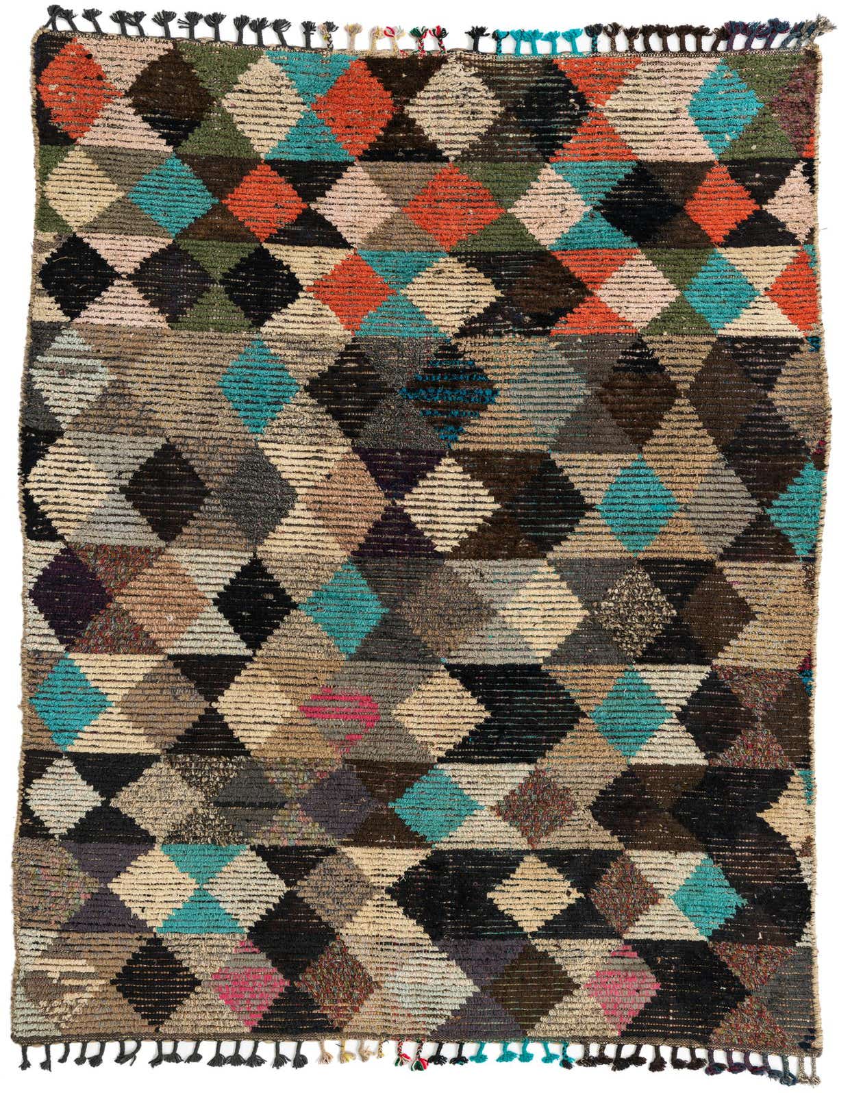 A 5x8 rectangular multi-colored shag rug with a vibrant tribal diamond pattern and decorative tassels.