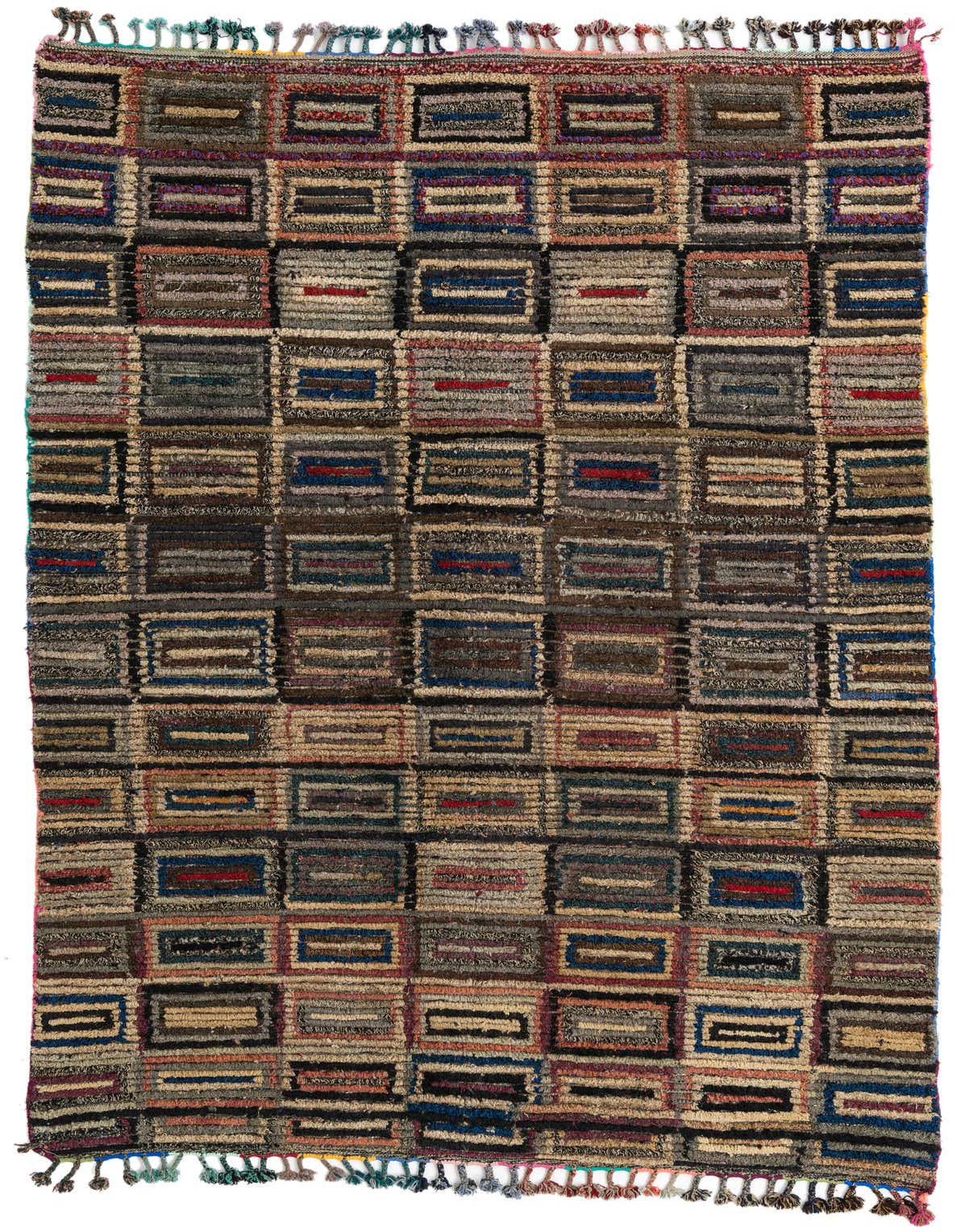 A 5x8 rectangular multi-colored wool shag rug with a modern tribal geometric pattern and colorful tassels.