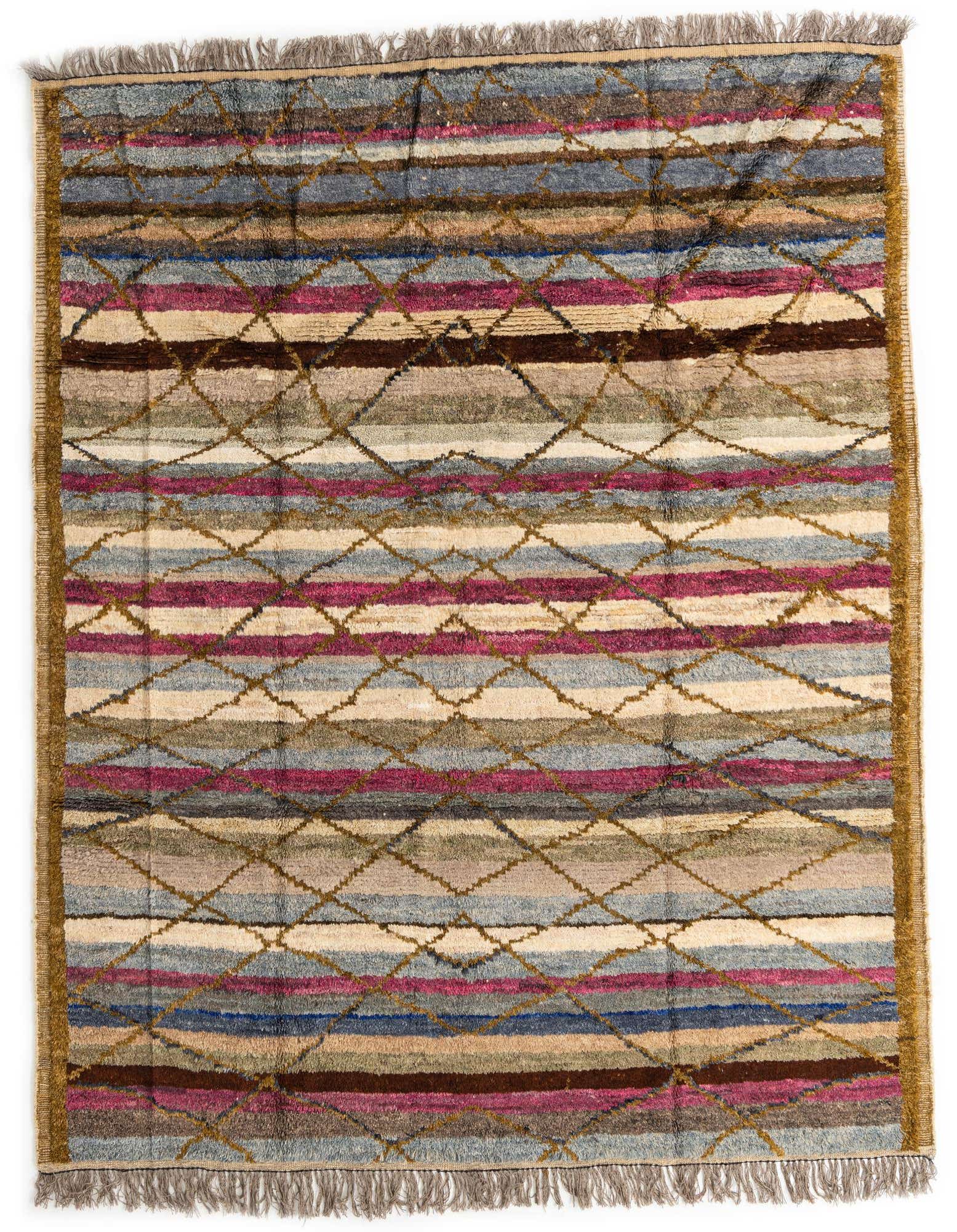 A vibrant 8x10 multi-colored shag rug featuring horizontal stripes in blue, pink, brown, and beige, overlaid with a diamond tribal pattern.