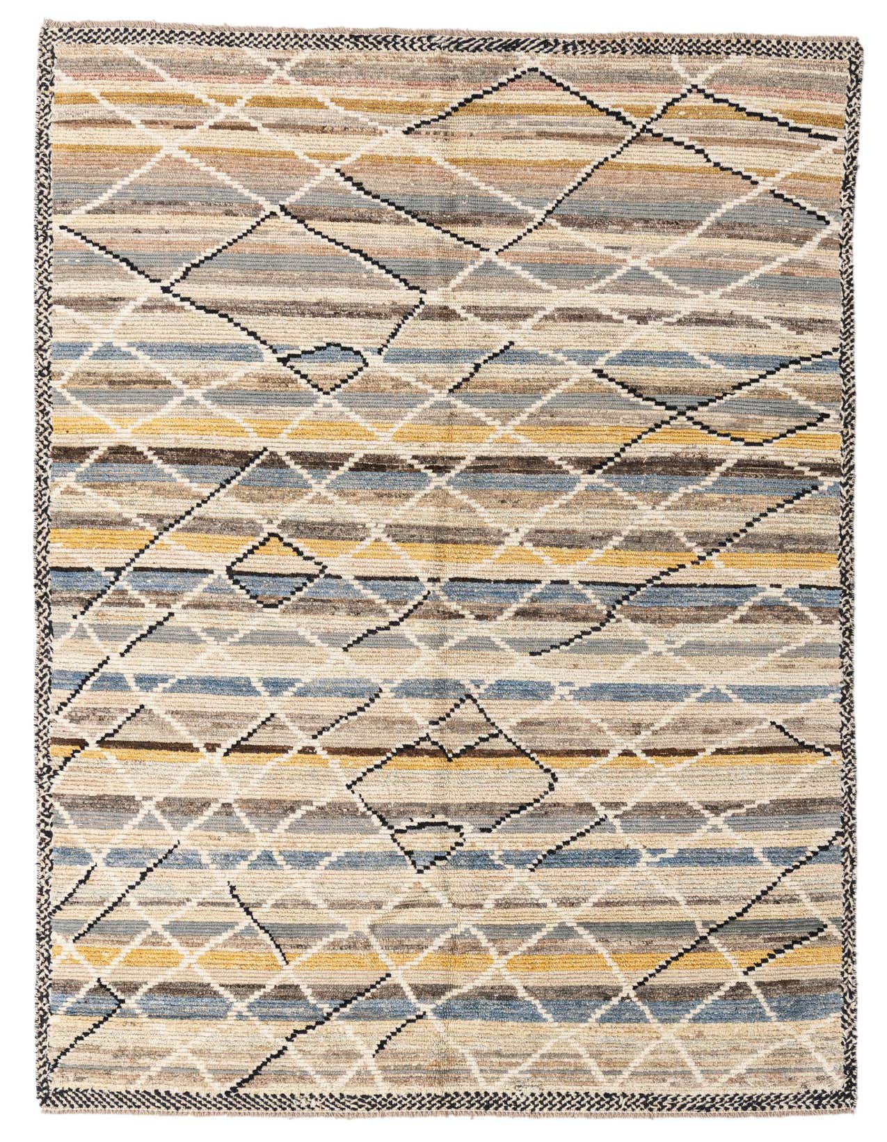 A 6x9 rectangular multi-colored tribal shag rug with a modern geometric diamond pattern over horizontal stripes, perfect for a living room.
