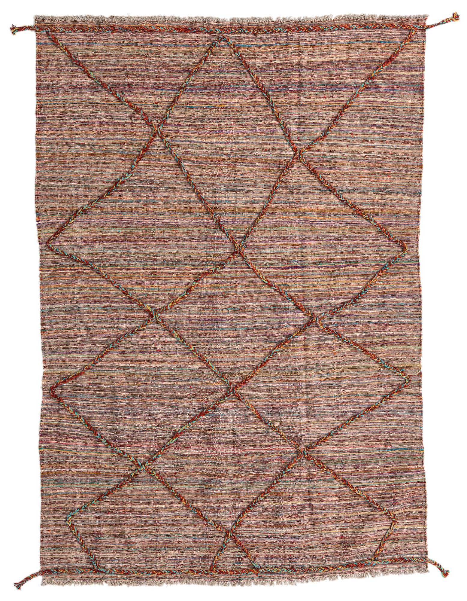 A 5x8 rectangular multi-colored wool shag rug with a tribal diamond pattern, ideal for a living room.