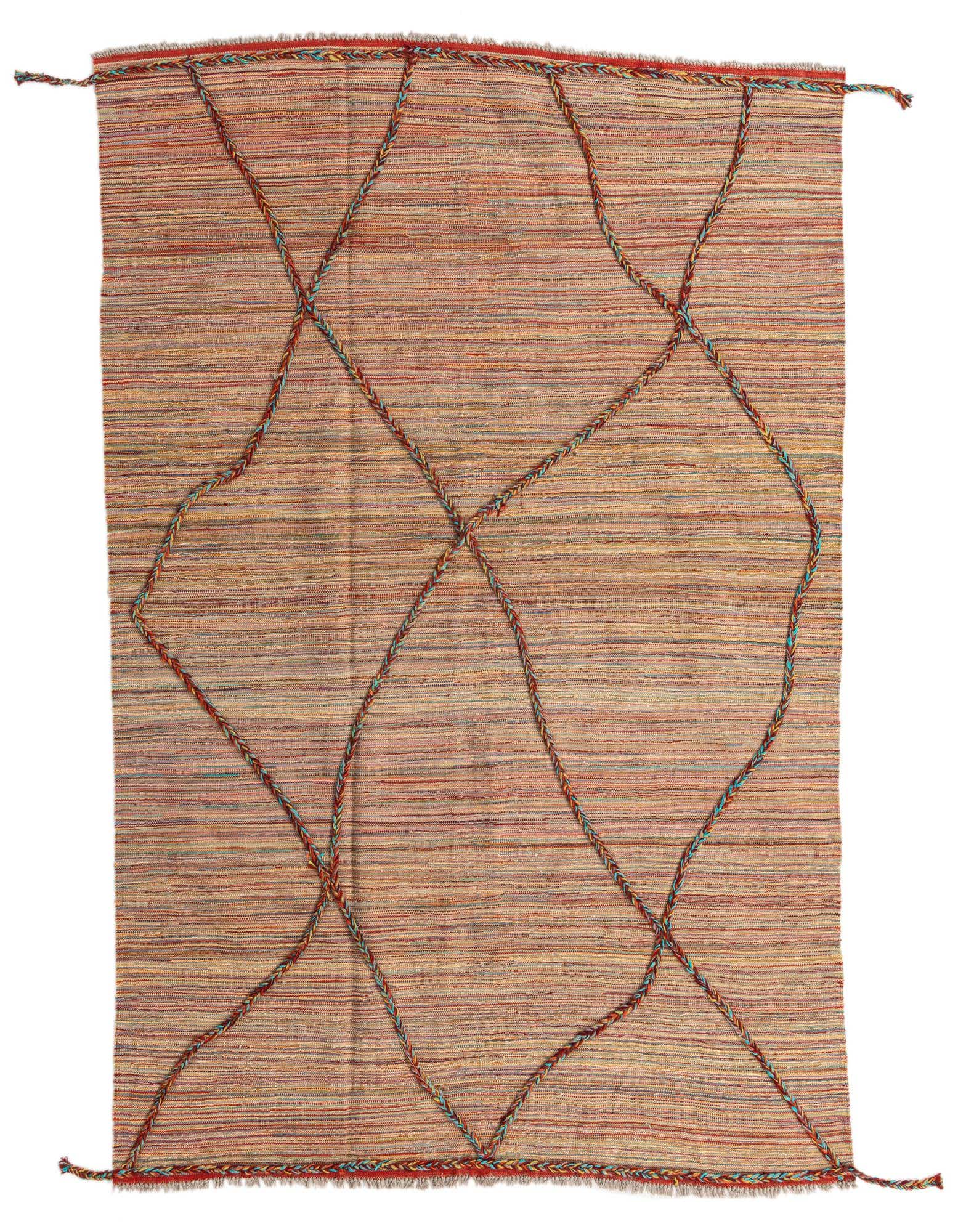 A 5x8 rectangular multi-colored wool shag rug with a tribal geometric pattern made from braided textures.