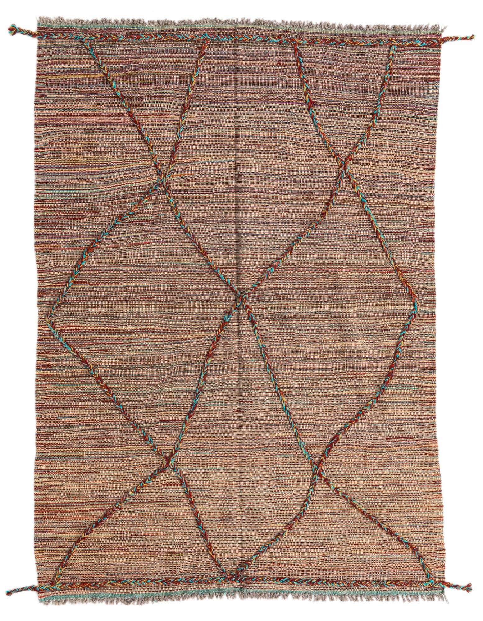 A 4x6 rectangular multi-colored wool shag rug with a tribal diamond pattern made from braided accents.
