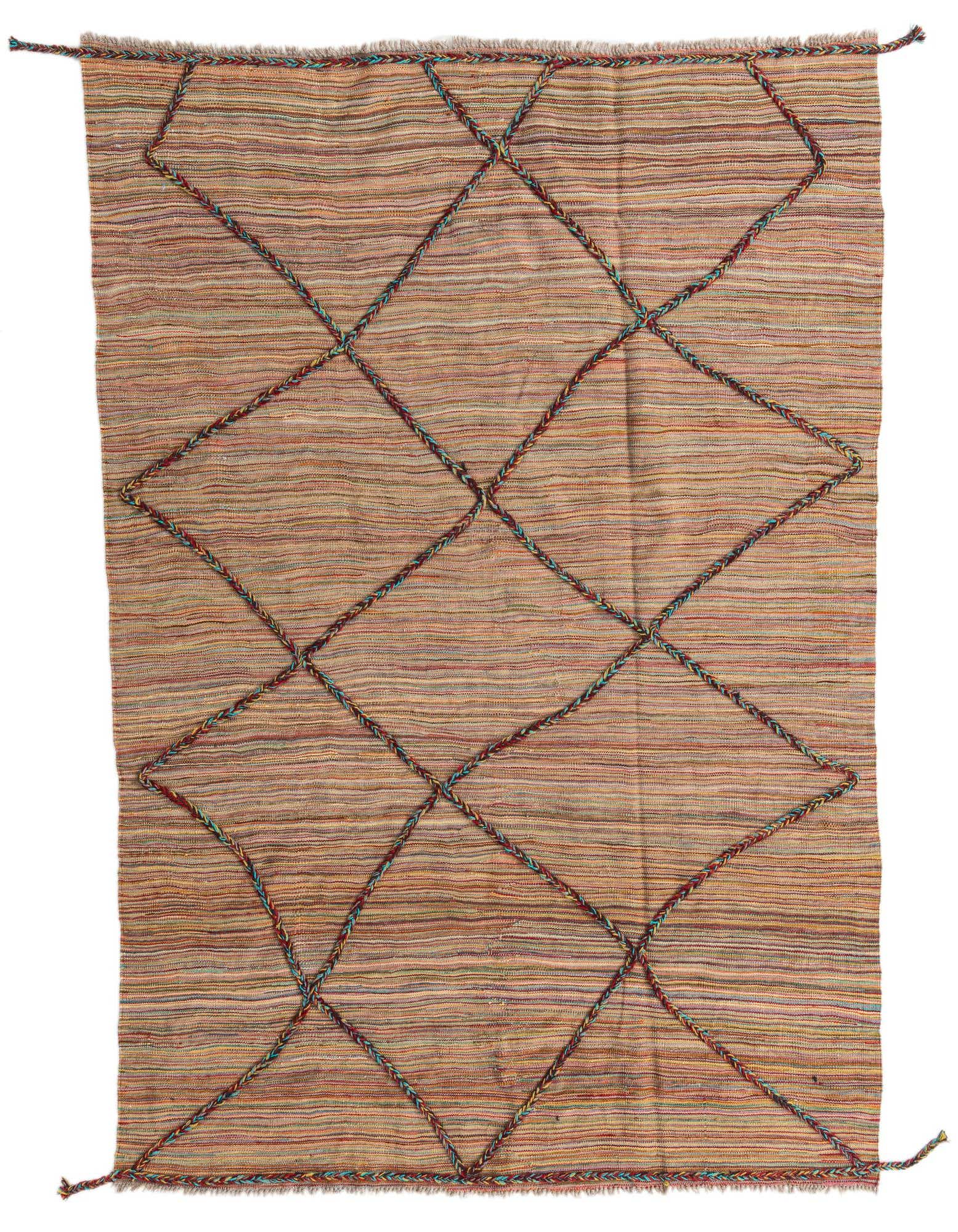 A 5x8 rectangular multi-colored wool shag rug featuring a tribal diamond pattern made of braided accents, suitable for a living room.