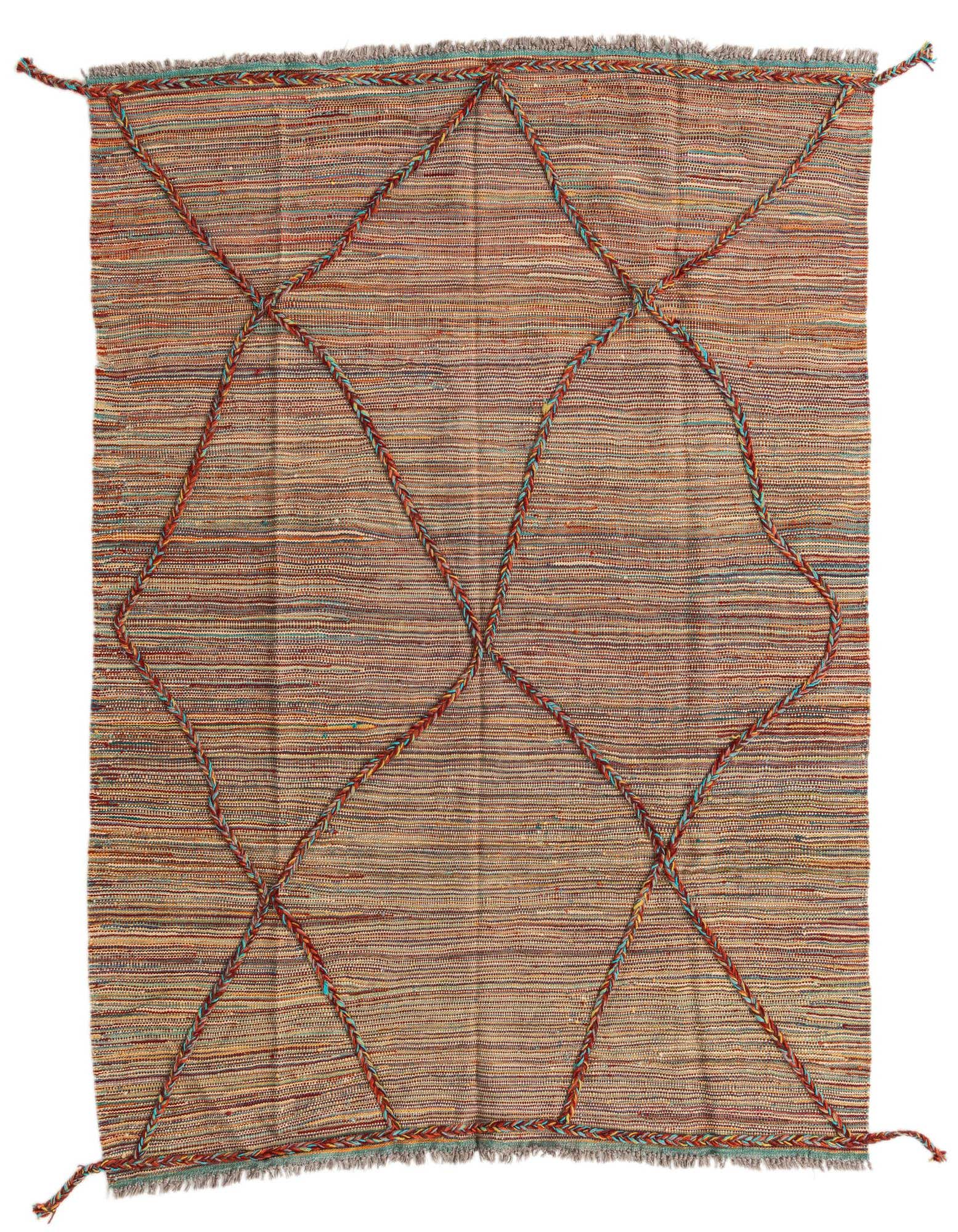 A 5x8 rectangular multi-colored wool shag rug with a braided tribal diamond pattern, ideal for a living room.