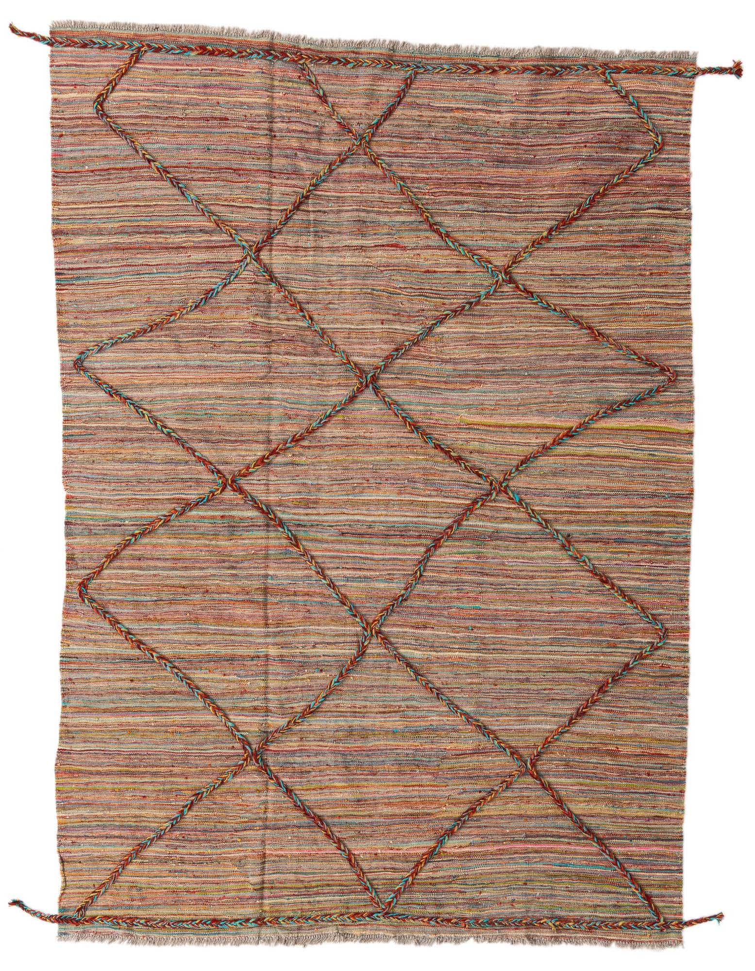 A 5x8 multi-colored rectangular wool shag rug with a tribal diamond pattern made from braided ropes.