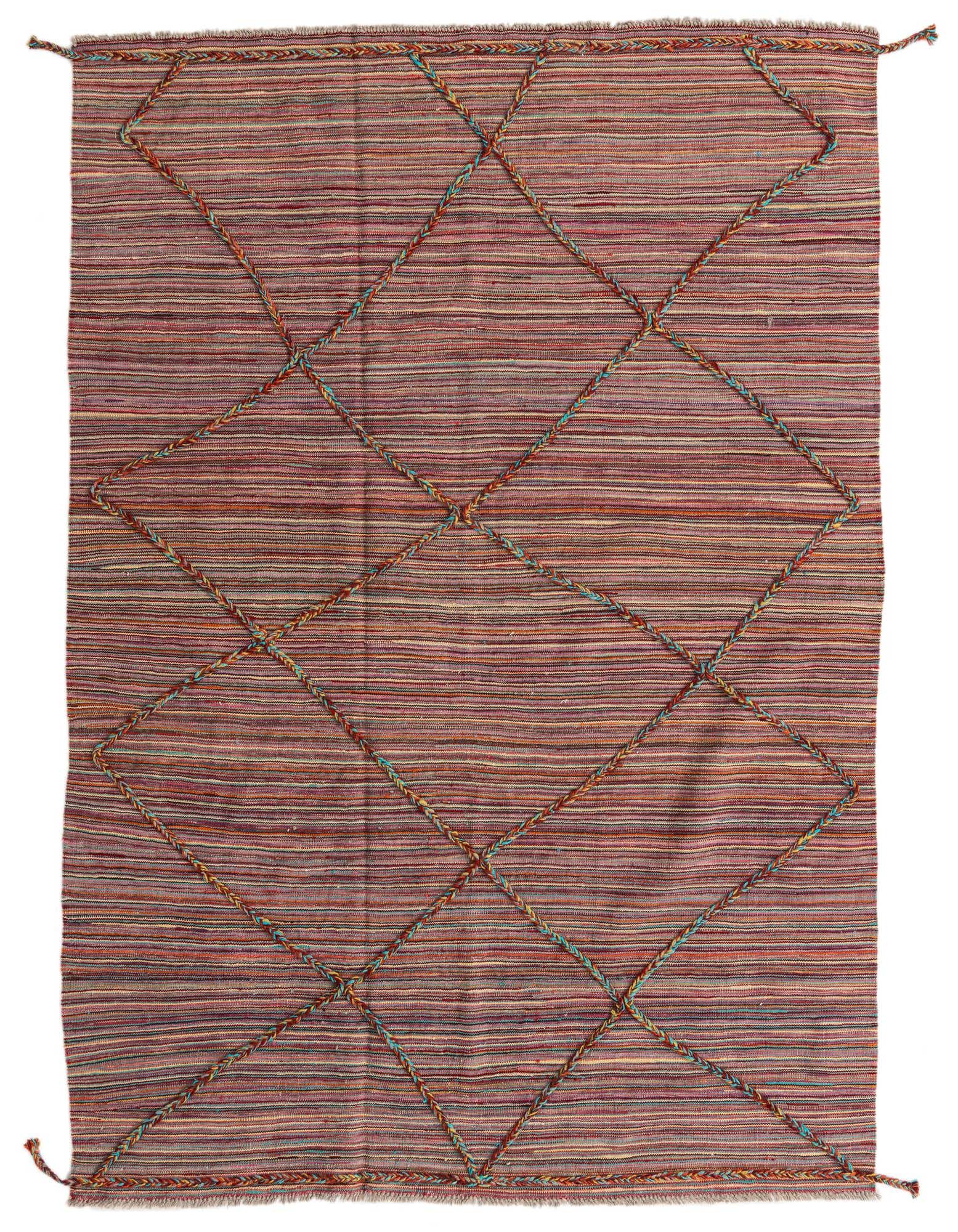 A 5x8 multi-colored rectangular wool shag rug with a braided diamond pattern, suitable for a living room.