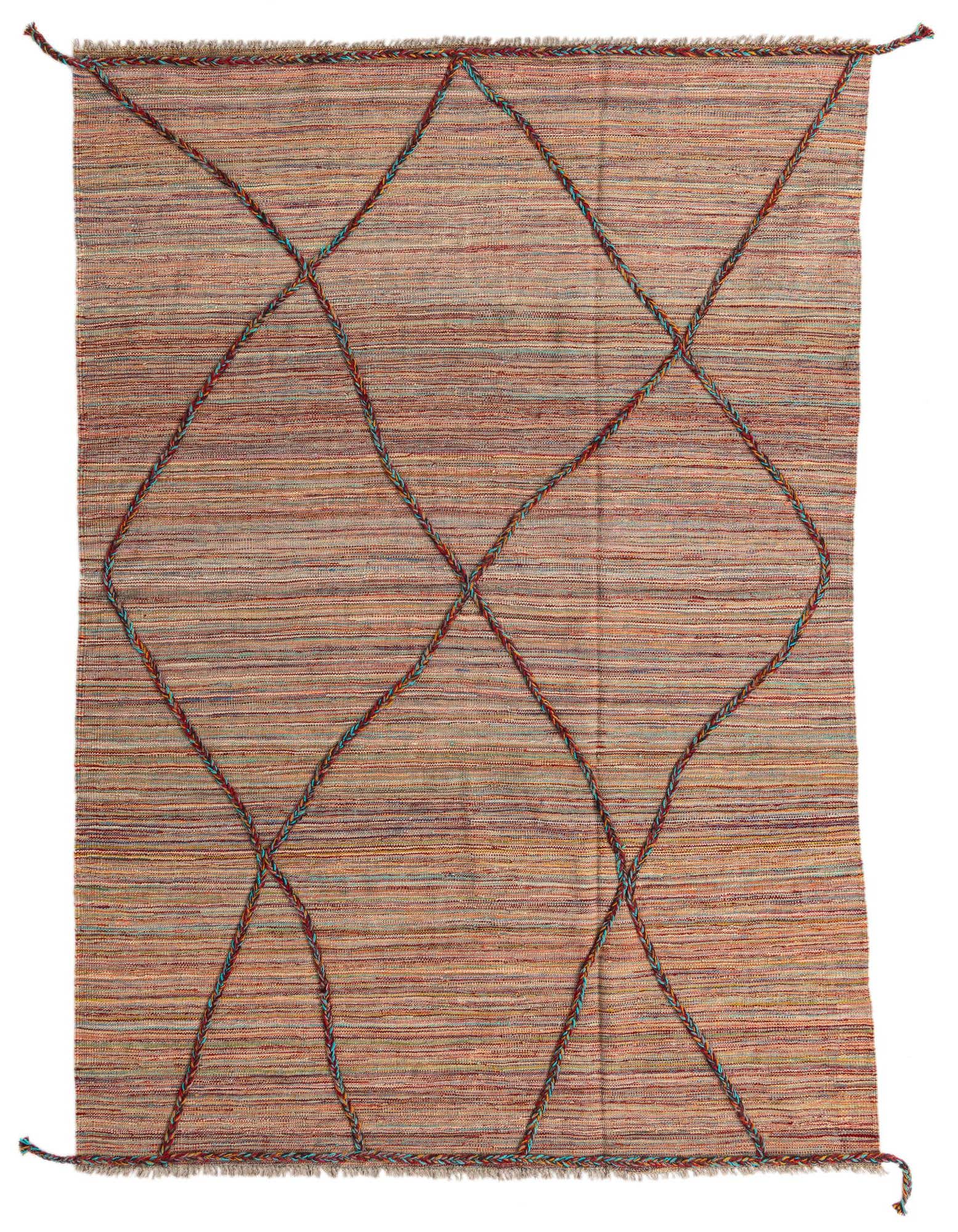 A 5x8 rectangular multi-colored wool shag rug with a tribal diamond pattern created by braided accents.