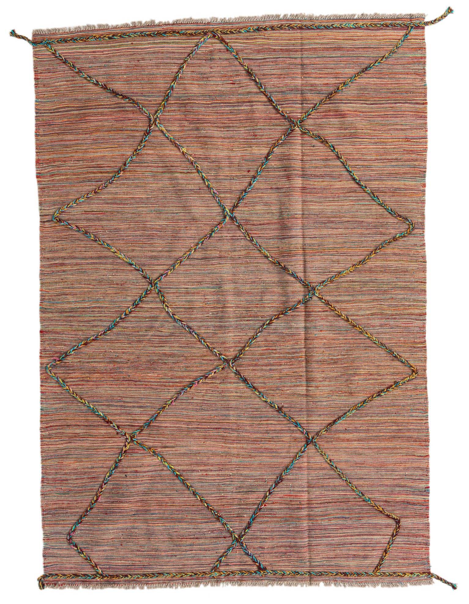 A 5x8 rectangular multi-colored wool shag rug with a tribal diamond pattern, ideal for a living room.