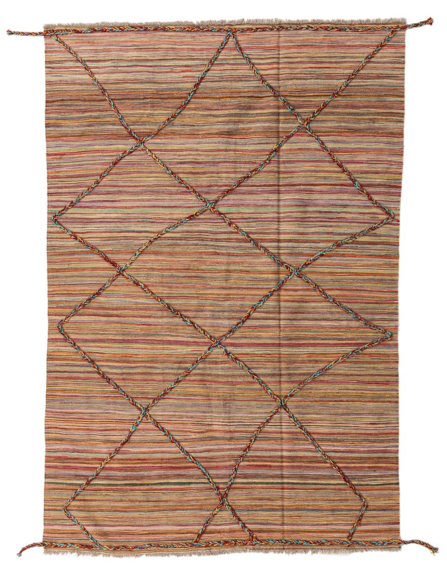 A 5x8 multi-colored rectangular wool shag rug with horizontal stripes and a braided diamond pattern.