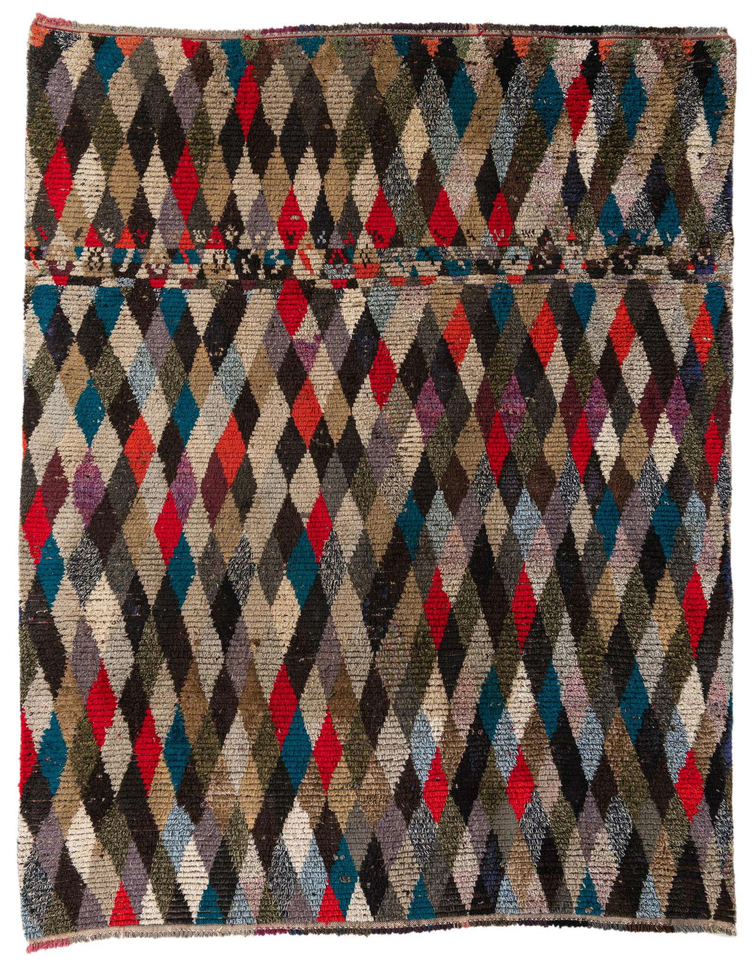 8x10 rectangular Moroccan shag rug with a vibrant multi-colored diamond tribal pattern, perfect for a living room.