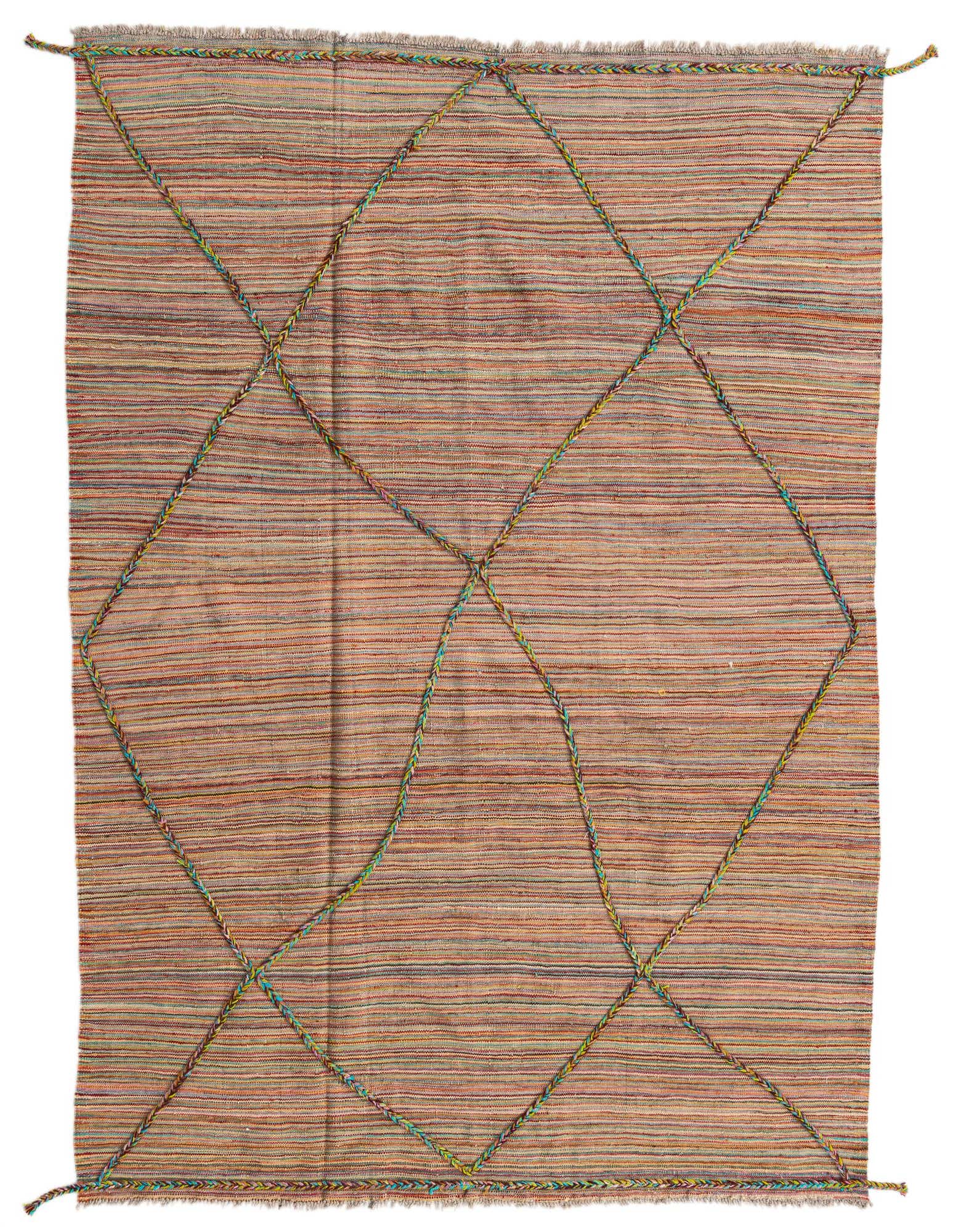 A 5x8 multi-colored rectangular wool shag rug with a tribal diamond pattern, perfect for a living room.