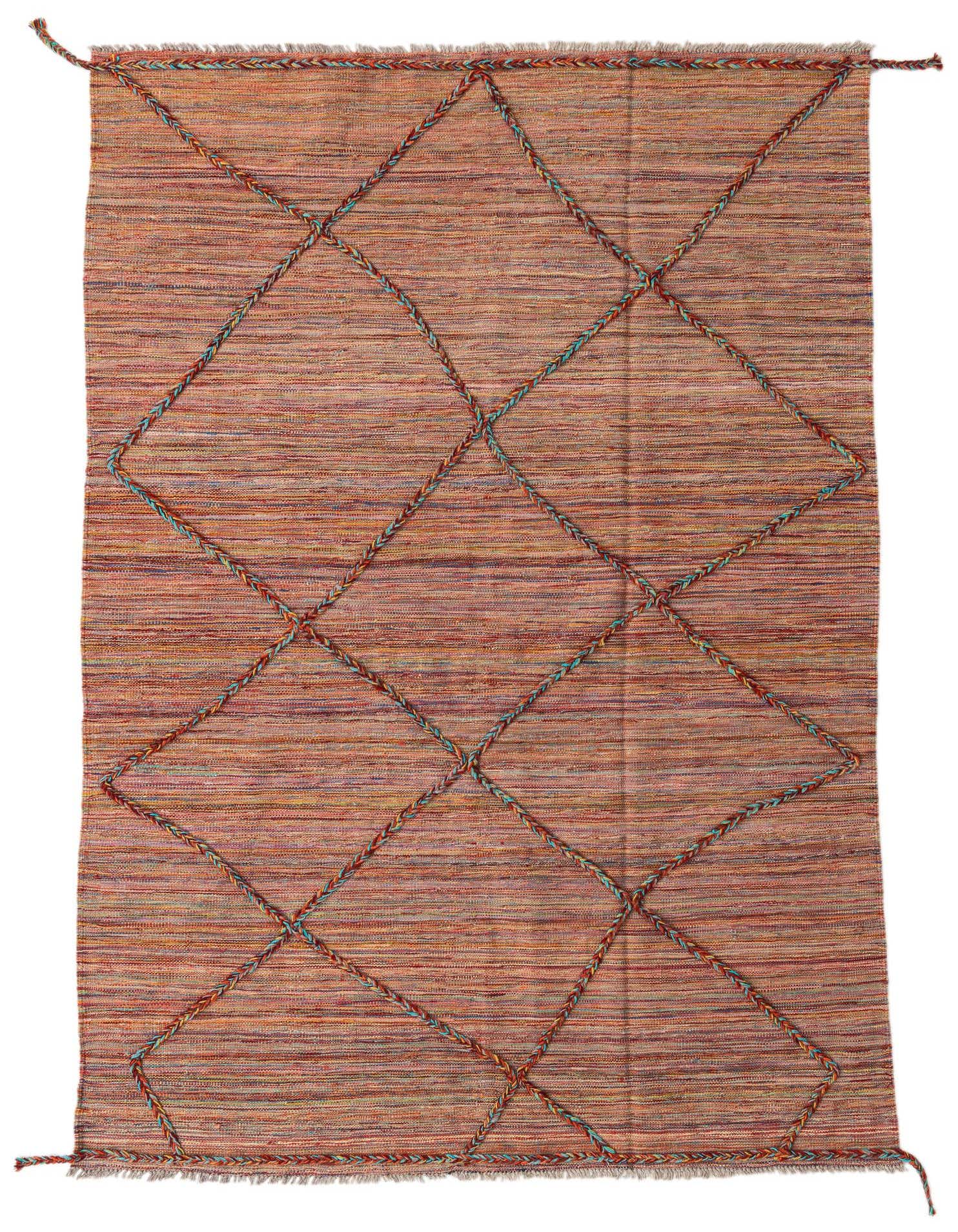A 5x8 rectangular multi-colored wool shag rug with a tribal diamond pattern made from braided textures, perfect for a living room.