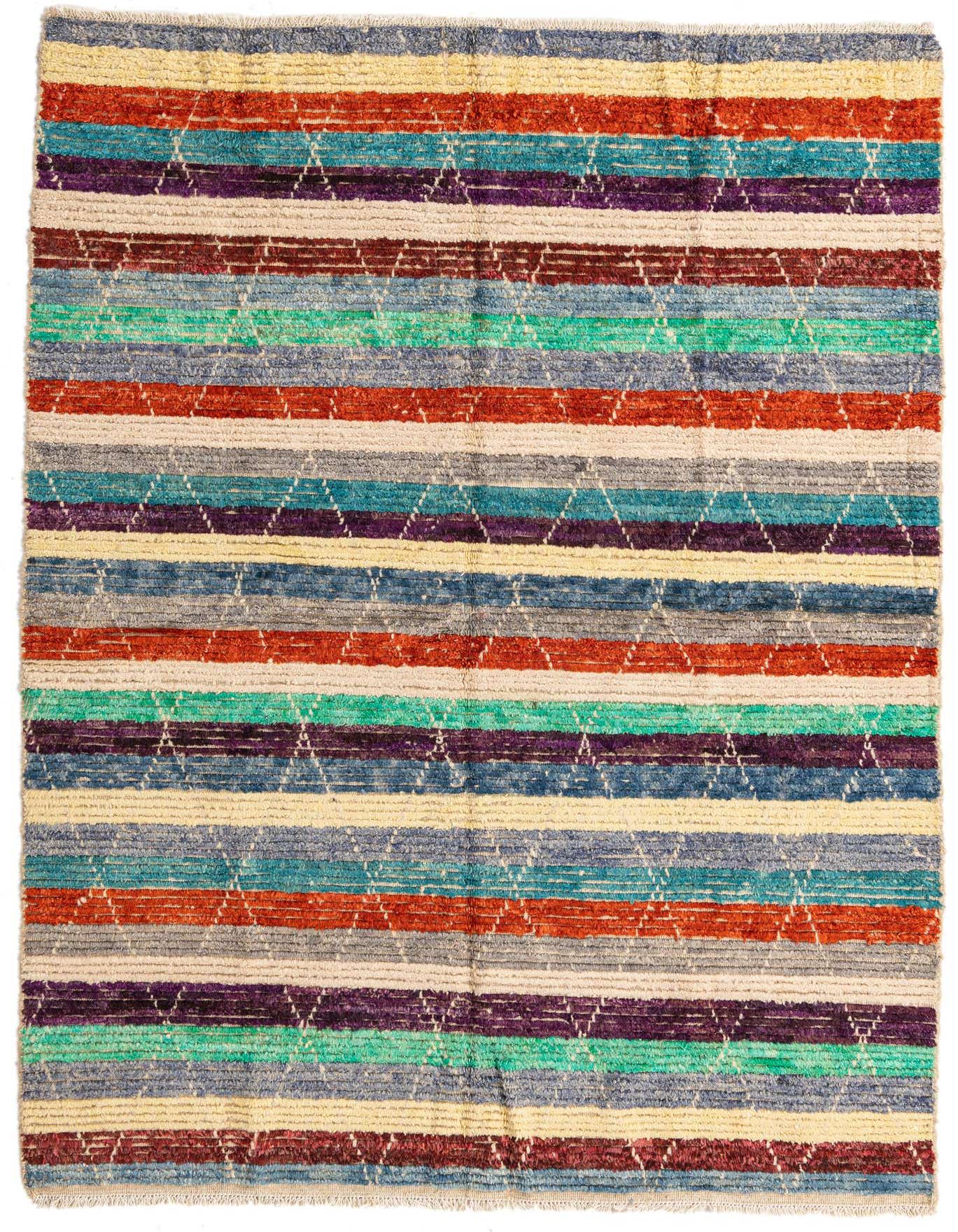 A 5x8 rectangular multi-colored shag rug with horizontal stripes and a subtle diamond tribal pattern, ideal for a living room.