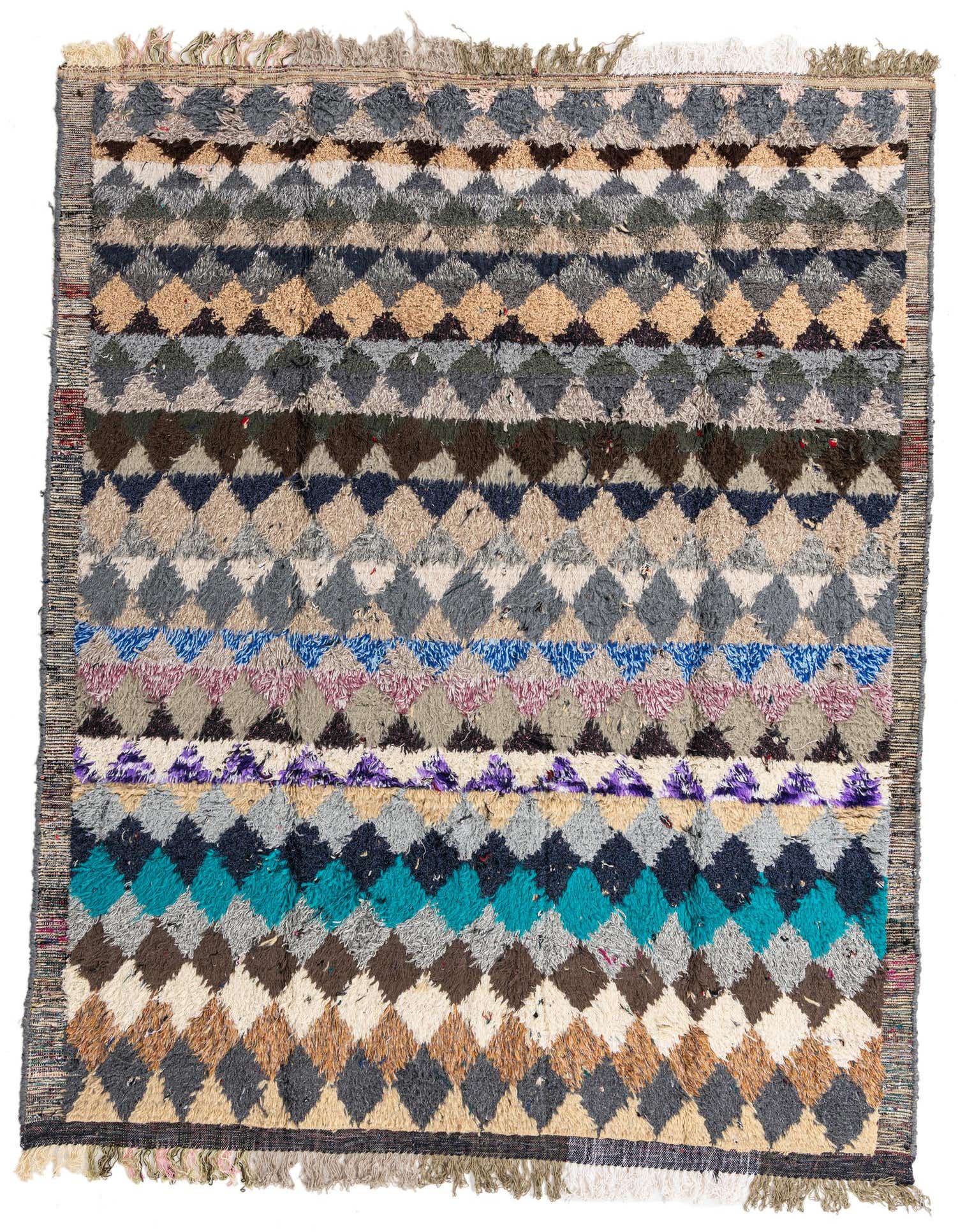 A vibrant 8x10 rectangular Moroccan shag rug with a multi-colored tribal diamond pattern, featuring shades of blue, teal, brown, beige, and gray.