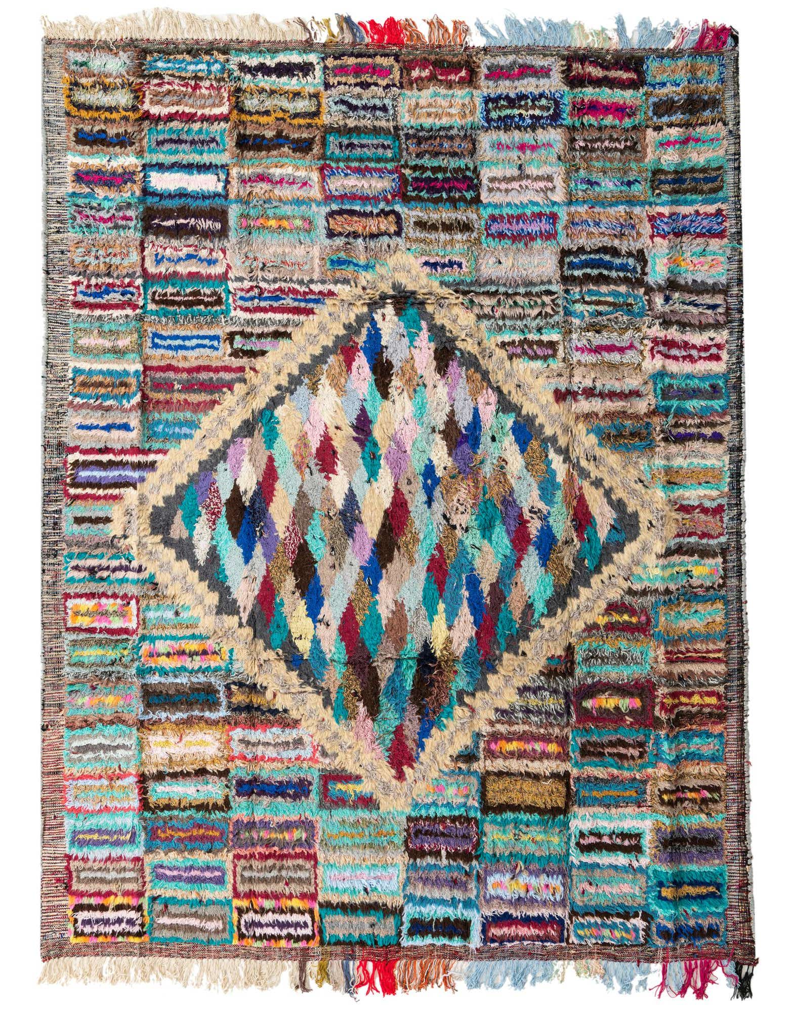 A vibrant 8x10 multi-colored Moroccan shag rug with a diamond medallion, featuring various shades of blue, red, green, and brown.