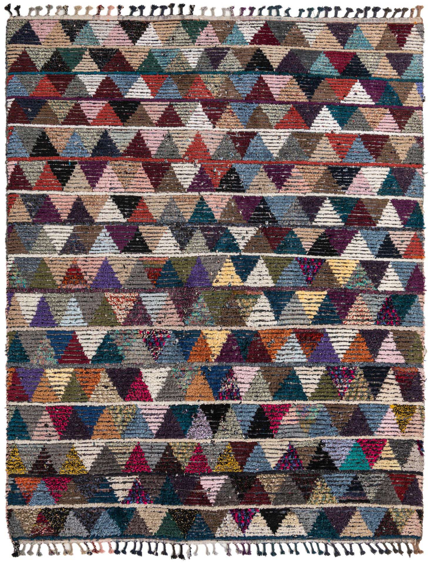 A vibrant 8x11 rectangular shag rug featuring a multi-colored tribal geometric pattern with various textured triangles.
