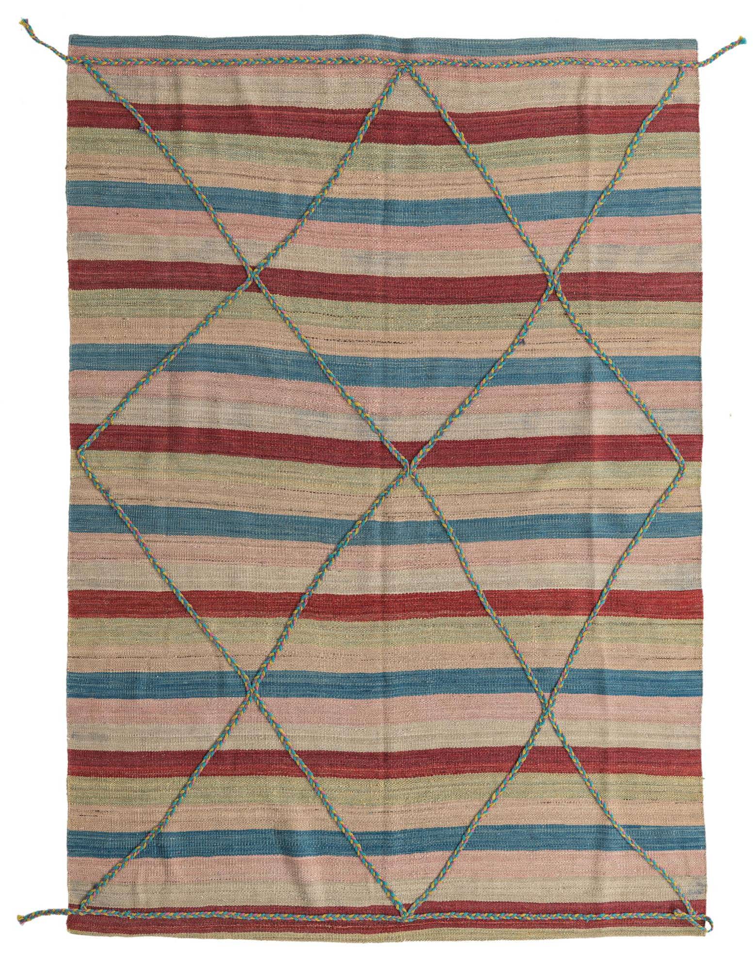 A 5x8 rectangular multi-colored tribal shag rug with horizontal stripes and a crisscross pattern of braided turquoise and yellow cords.