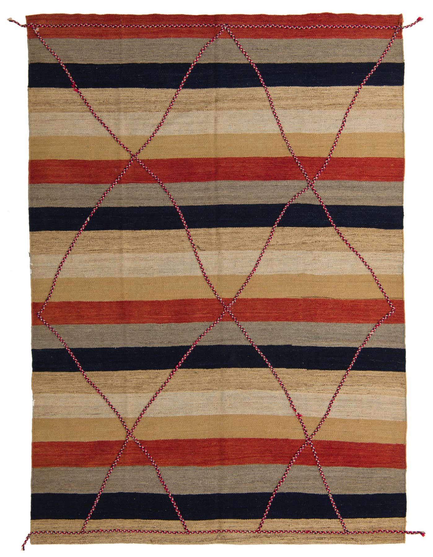 A 7x10 rectangular multi-colored tribal wool rug featuring horizontal stripes in navy, beige, gold, and red, overlaid with a red diamond lattice pattern.
