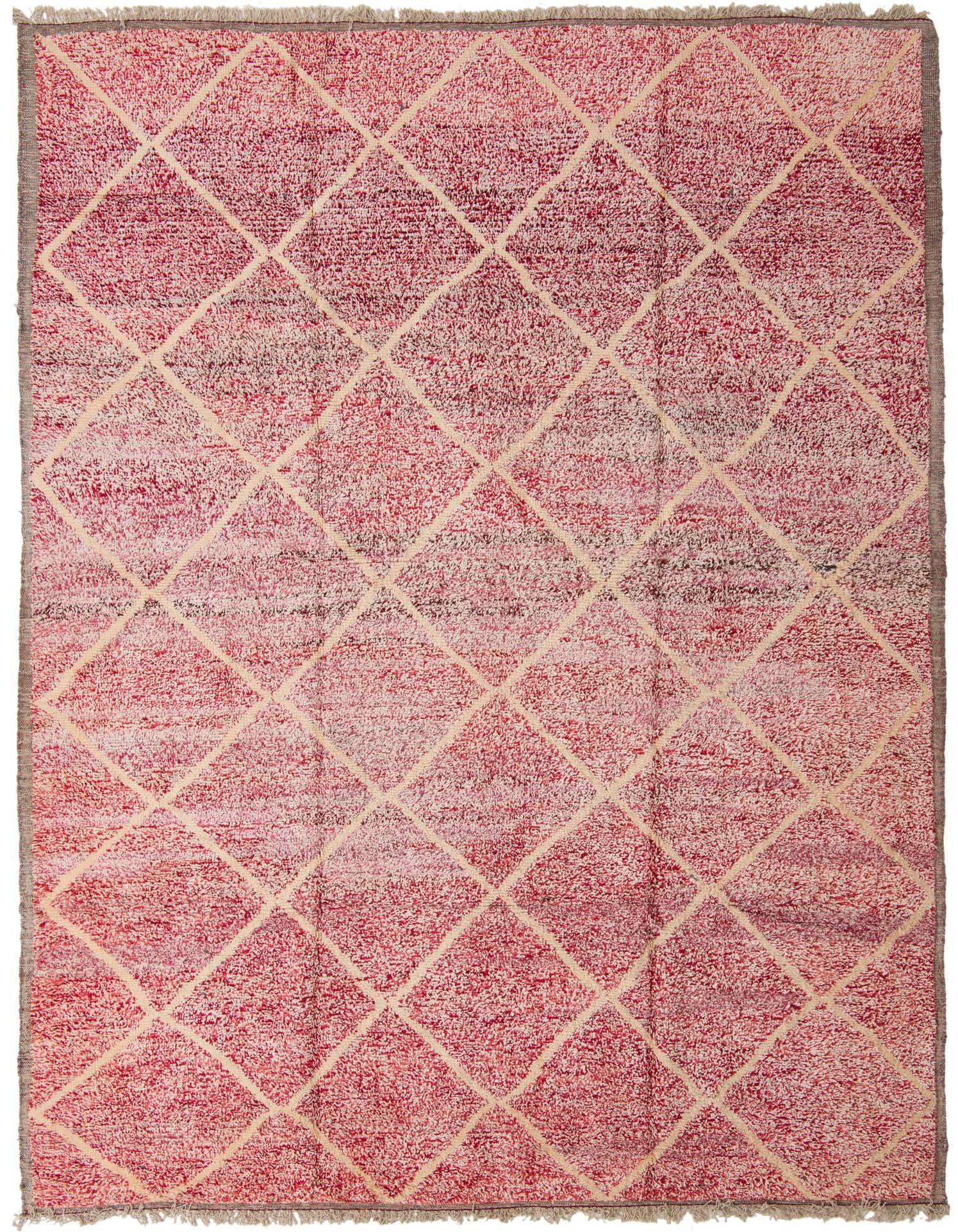 A 10x14 rectangular shag rug featuring a multi-colored tribal diamond pattern in shades of red and cream.