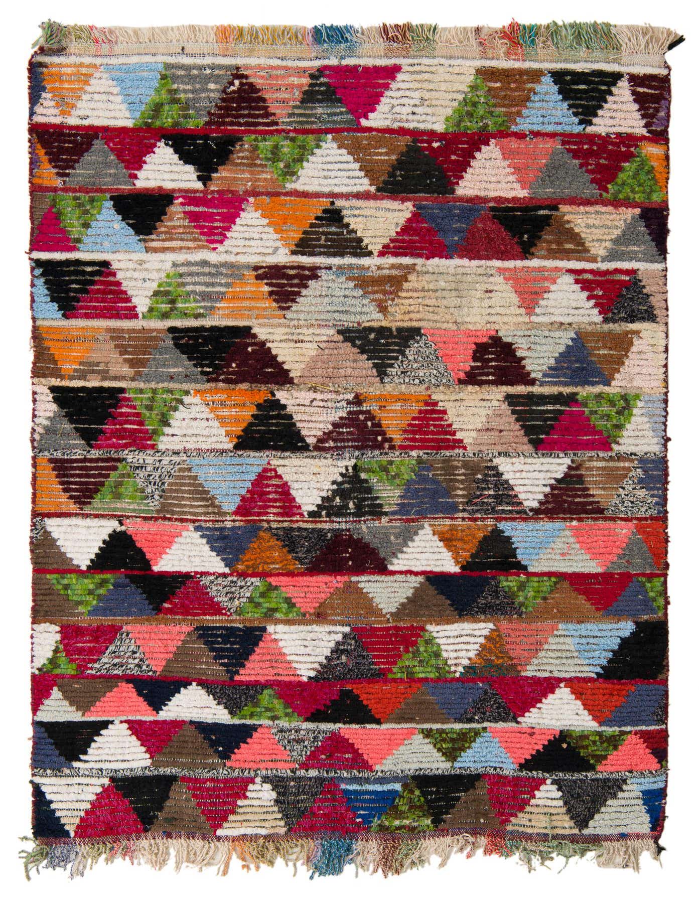 A 5x8 rectangular multi-colored shag rug with a vibrant tribal triangle pattern, perfect for a living room.