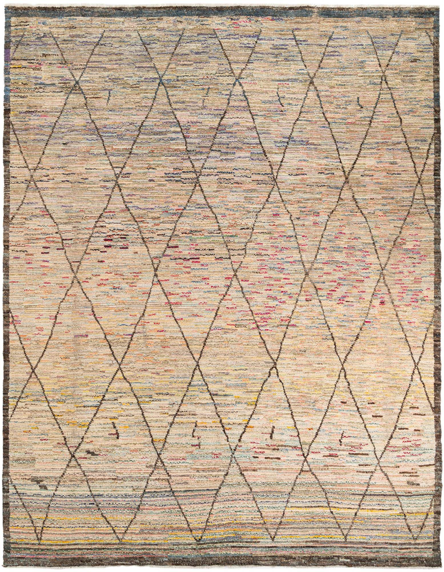 A 10x12 rectangular Moroccan shag rug with a multi-colored background and a dark tribal diamond pattern.