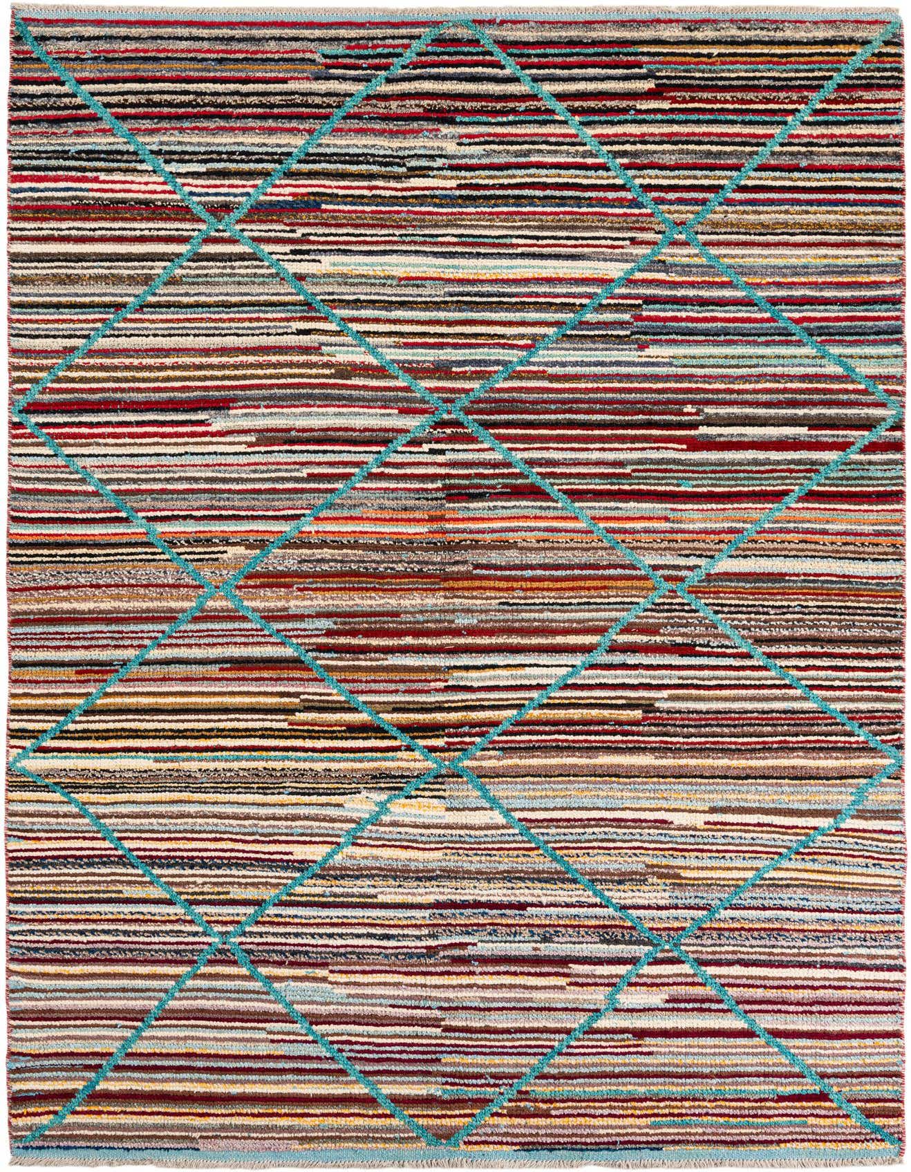 A 6x9 multi-colored rectangular shag rug featuring horizontal stripes and a prominent turquoise diamond pattern, ideal for a living room.