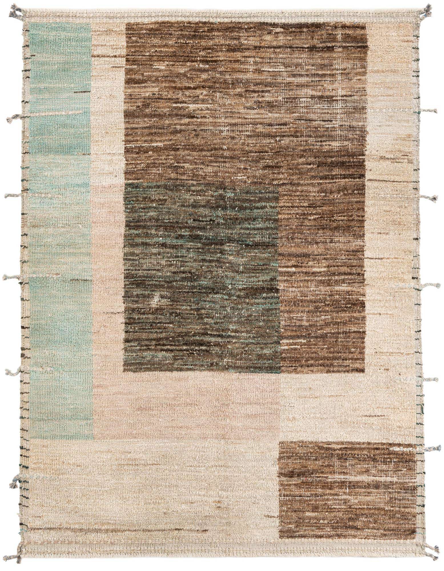 A 5x8 rectangular Moroccan shag rug with a modern tribal pattern in multi-colored wool, featuring blocks of light blue, beige, and various shades of brown.