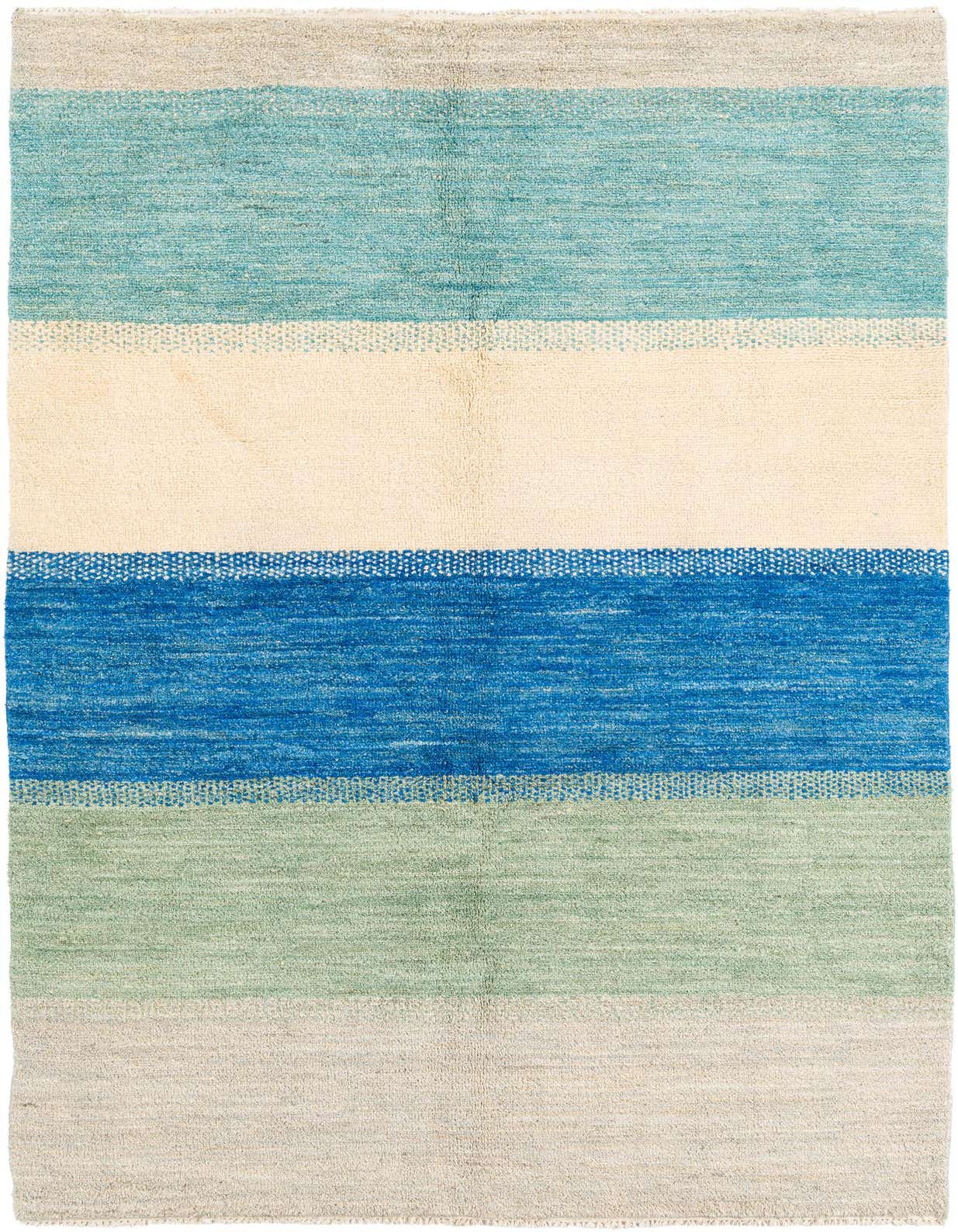 A 5x8 rectangular Moroccan shag rug with wide horizontal stripes in shades of blue, green, and cream.
