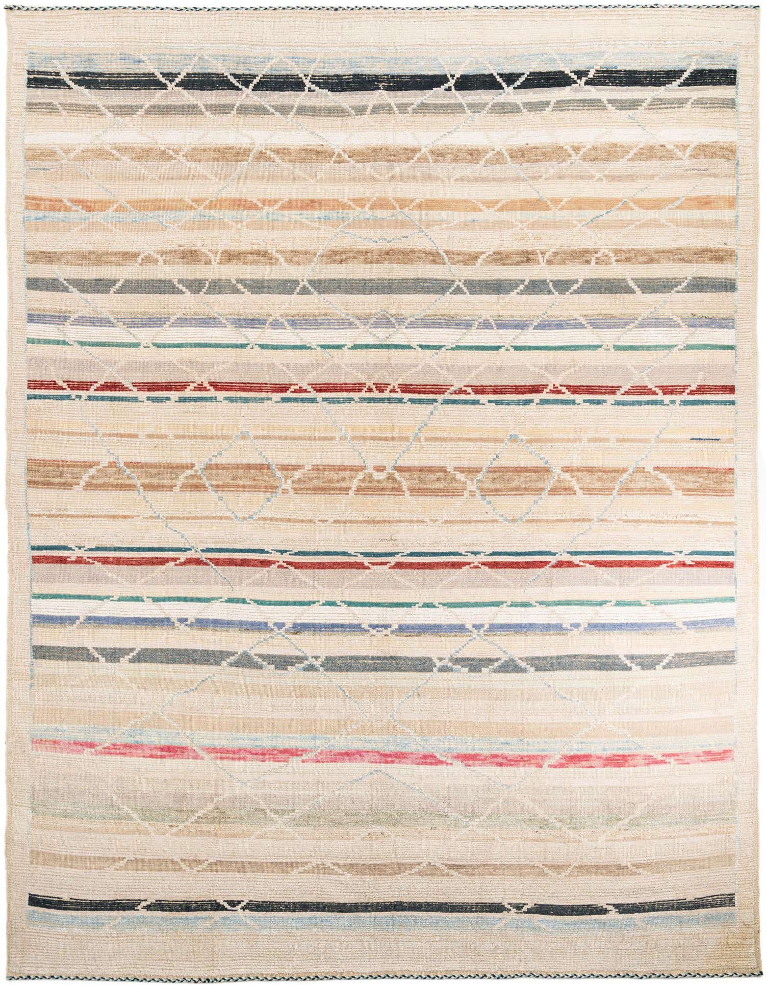 A 10x14 rectangular multi-colored tribal shag rug featuring horizontal stripes and a diamond pattern.