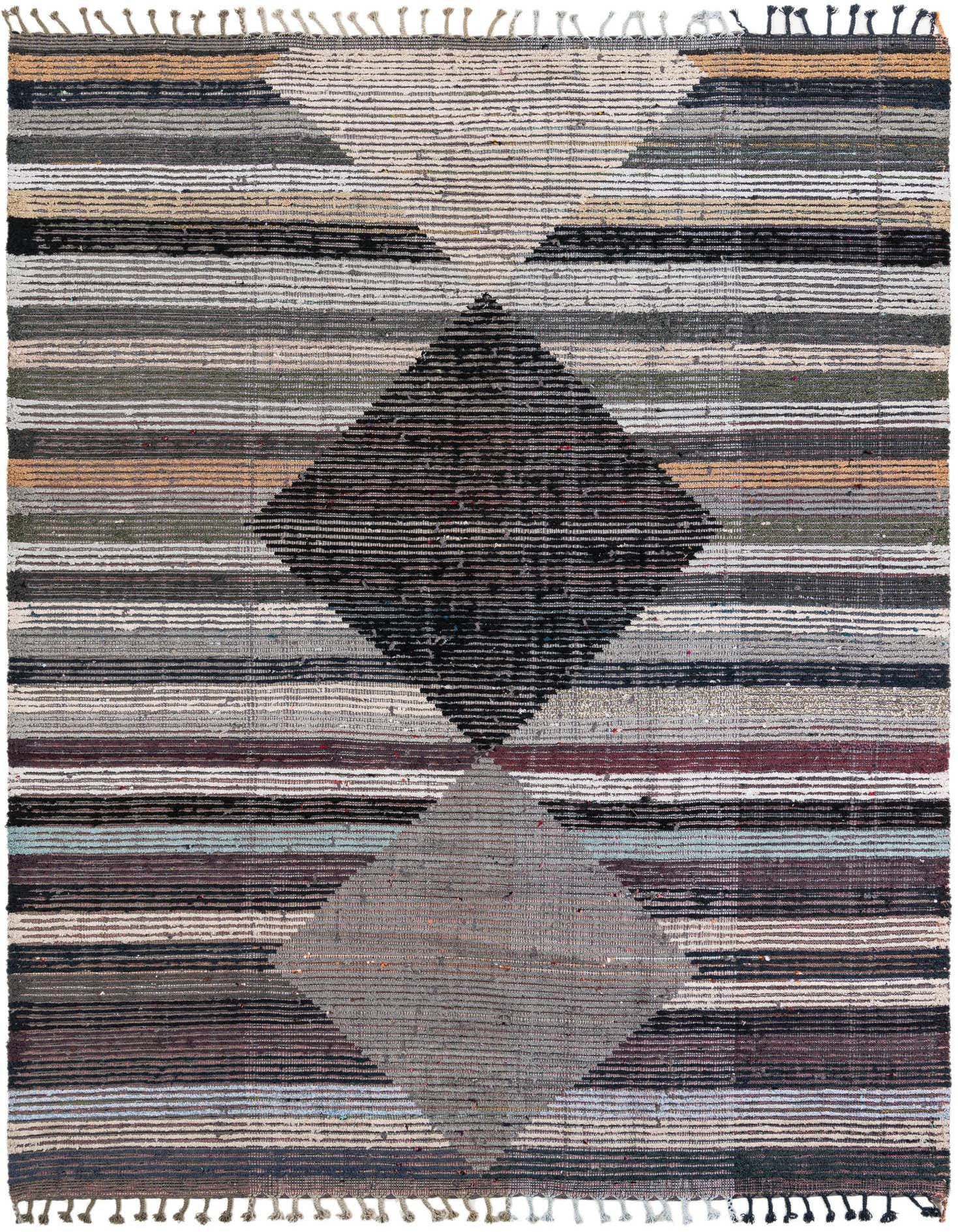 8x10 rectangular multi-colored tribal shag rug with horizontal stripes and two large diamond patterns, suitable for a living room.