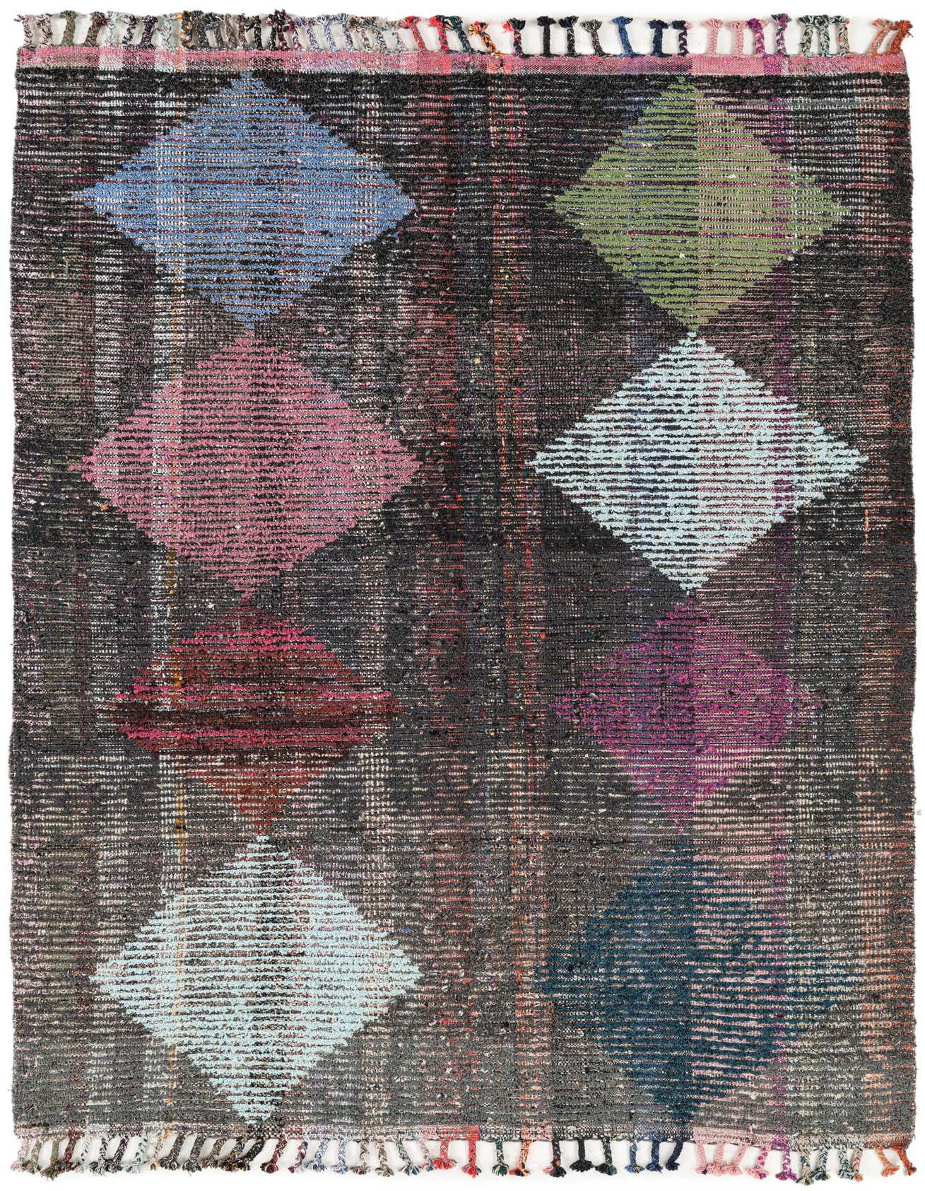A 5x8 rectangular multi-colored wool shag rug with large, faded diamond patterns in blue, pink, green, and purple on a dark, textured background.