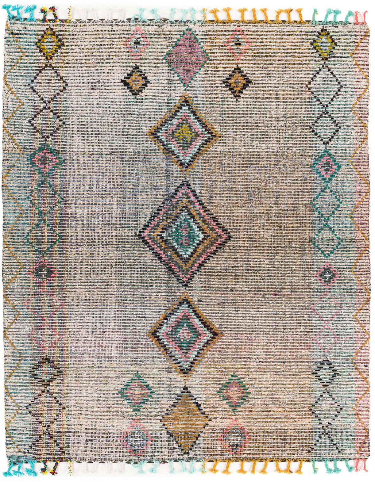 A 5x8 rectangular multi-colored tribal shag rug with large geometric diamond patterns and colorful tassels.