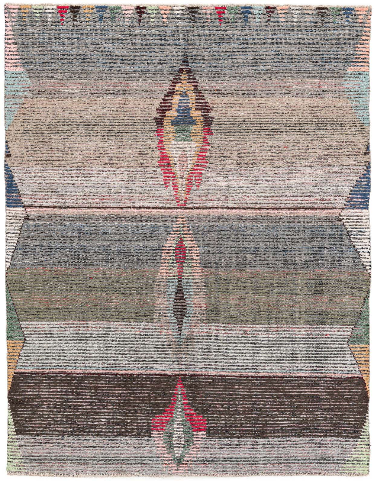 A 5x8 rectangular multi-colored wool shag rug with a modern tribal pattern, featuring horizontal stripes and central diamond motifs.