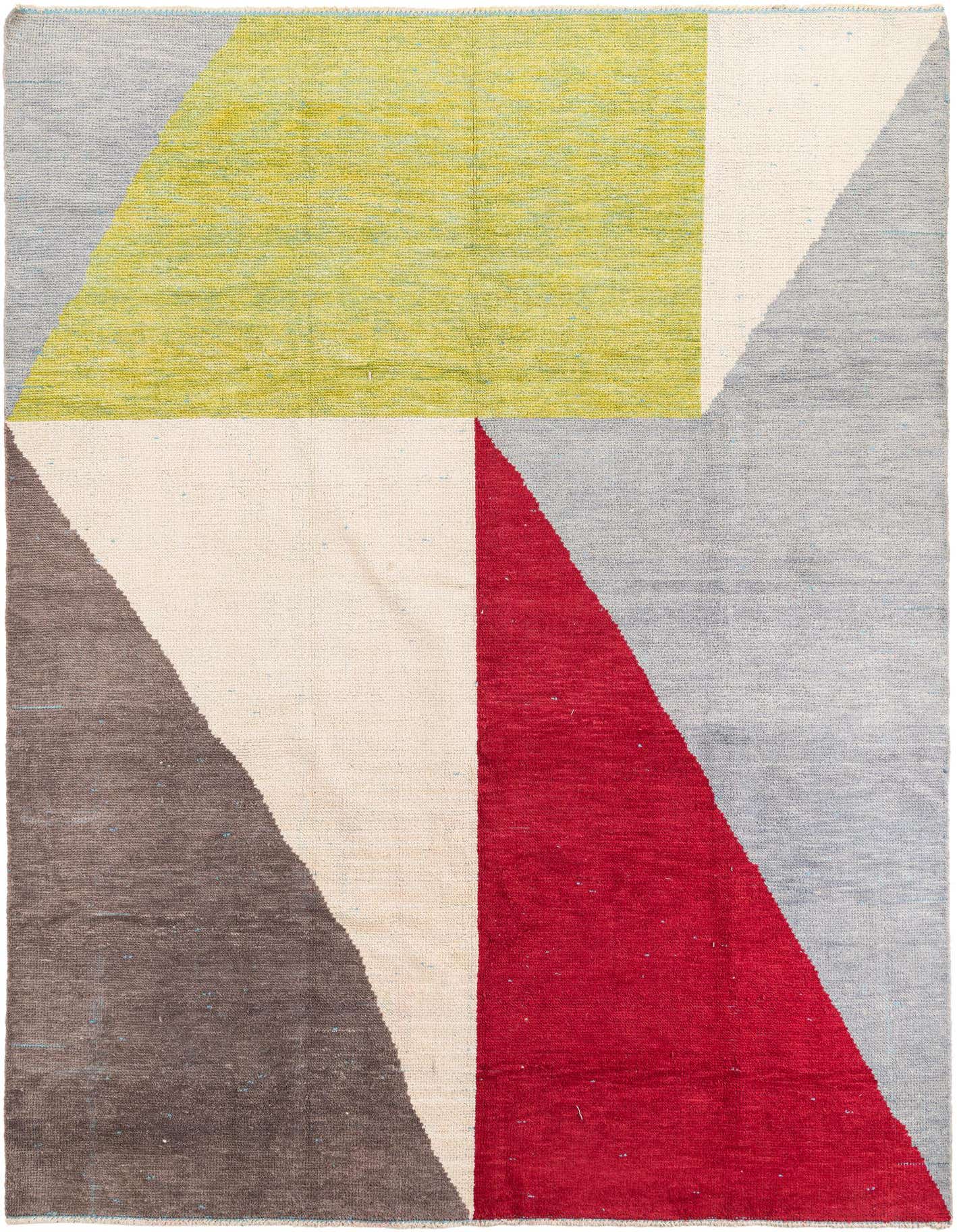 A 9x12 rectangular Moroccan shag rug featuring a modern abstract design with large blocks of red, lime green, cream, light grey, and dark grey.