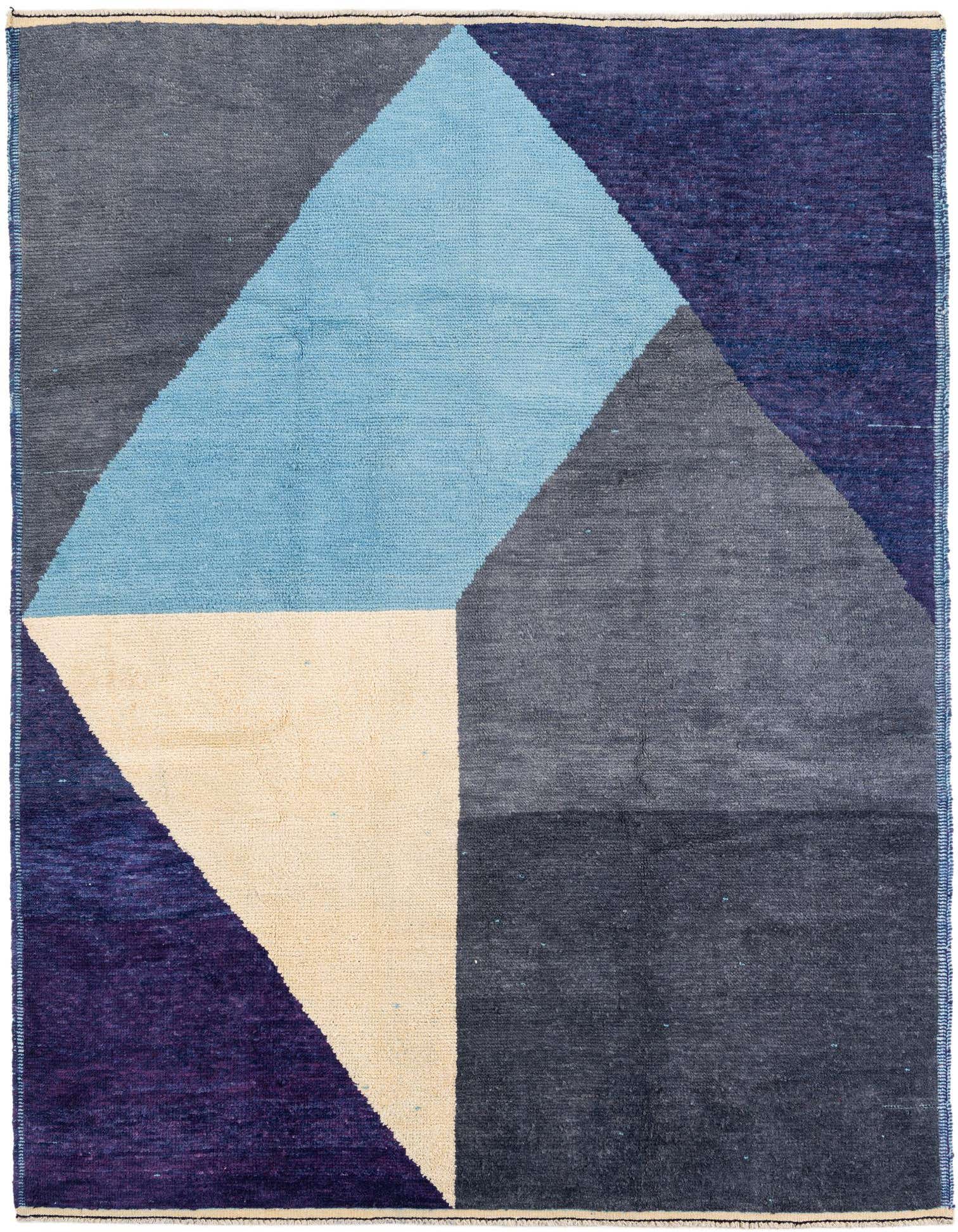 A 7x10 rectangular Moroccan shag rug with a modern tribal abstract pattern in blue, purple, gray, and beige.