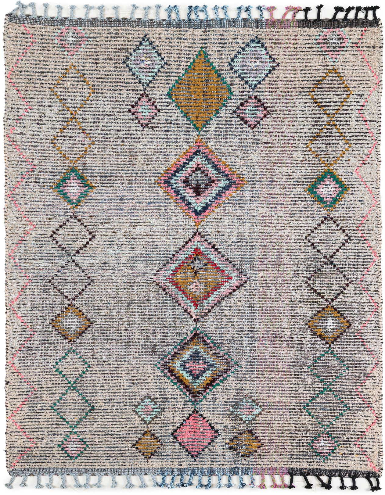 A 5x8 rectangular multi-colored tribal shag rug with a pattern of varying diamond shapes and colorful tassels.