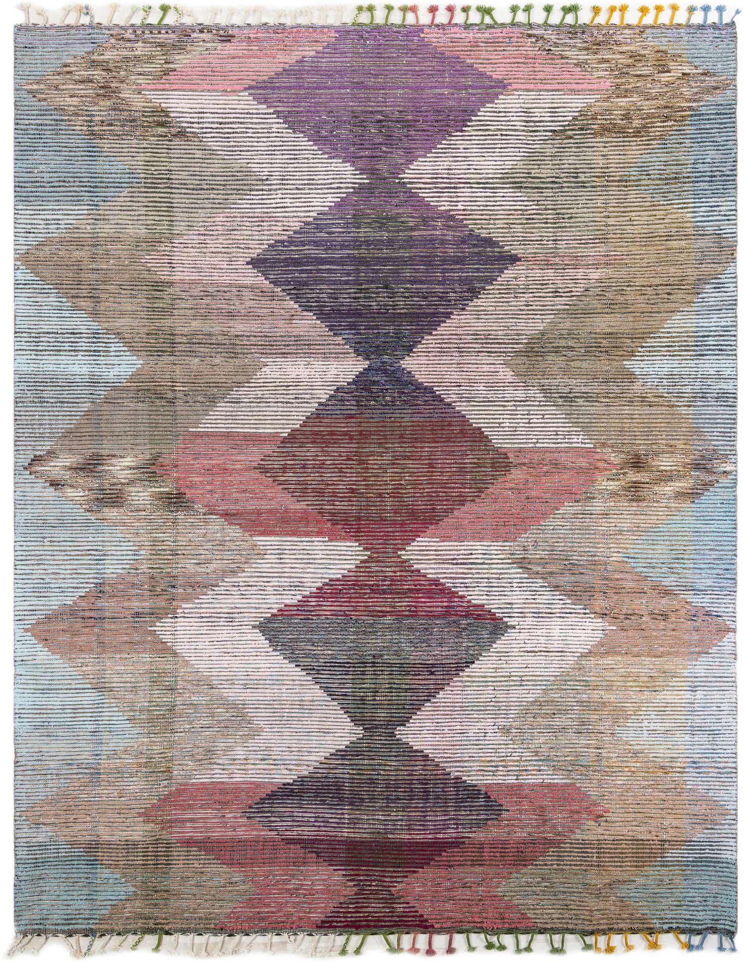 A 10x12 rectangular multi-colored tribal shag rug with a modern diamond pattern, handmade from wool.