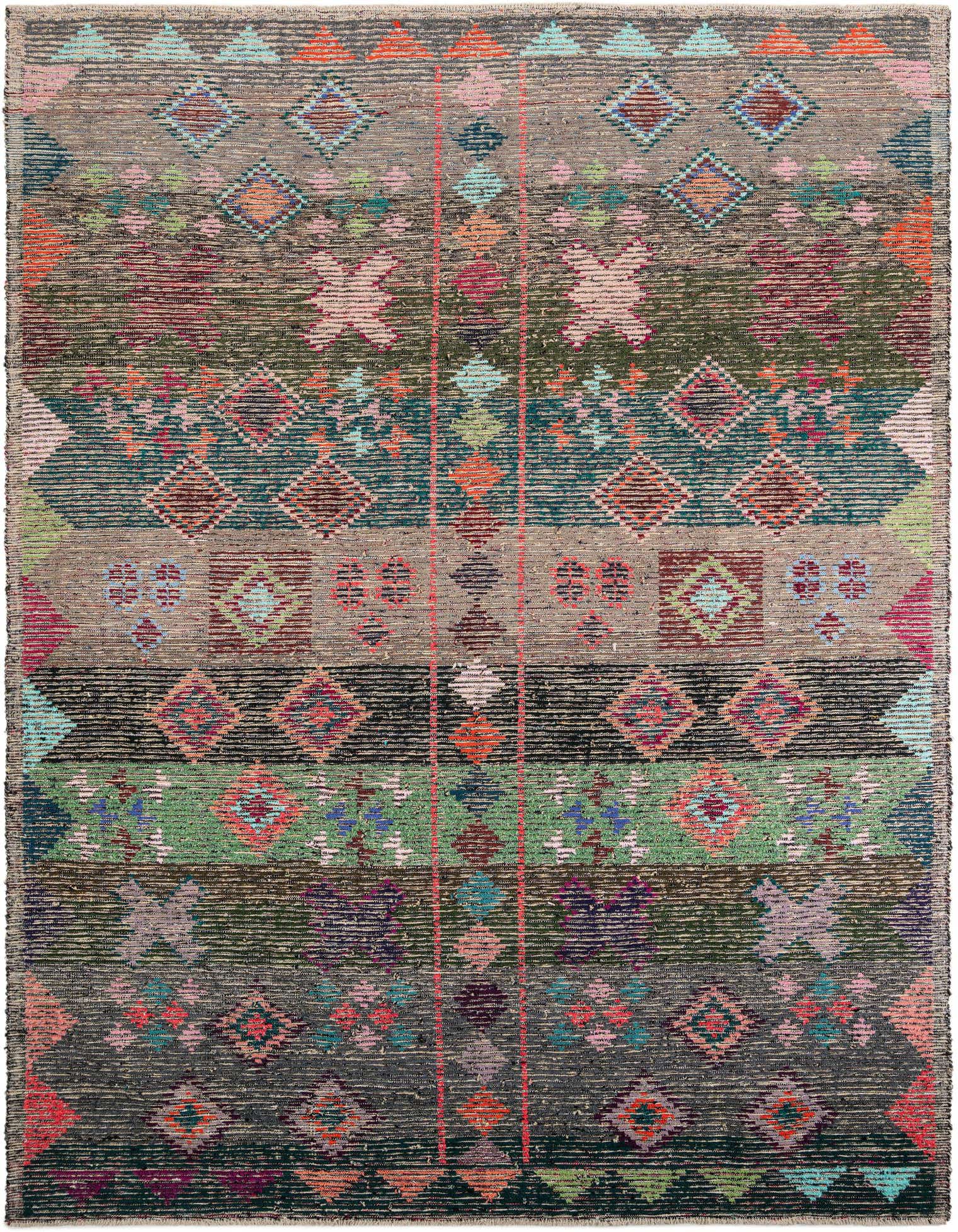 A rectangular 9x12 multi-colored wool shag rug featuring tribal and modern patterns in a vibrant design.