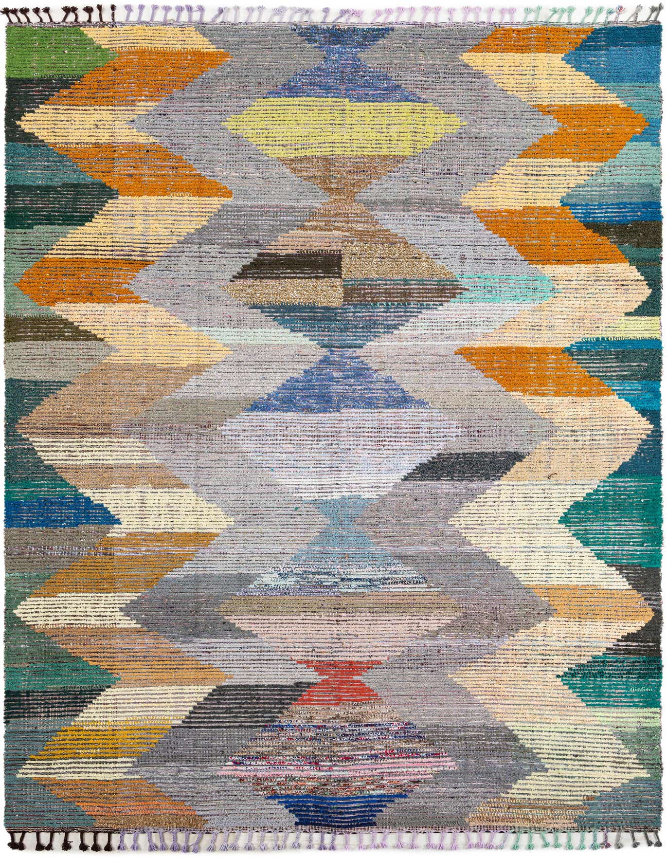 A 9x12 multi-colored rectangular wool shag rug with a modern tribal diamond pattern, ideal for a living room.
