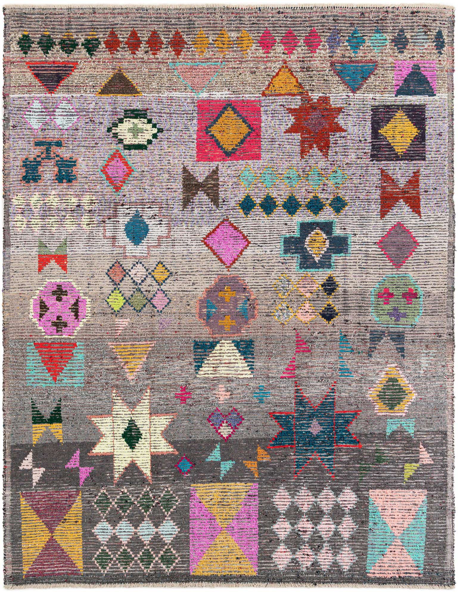 A vibrant 8x10 rectangular Moroccan shag rug with a multi-colored tribal abstract pattern on a gray background, featuring geometric shapes and stars.
