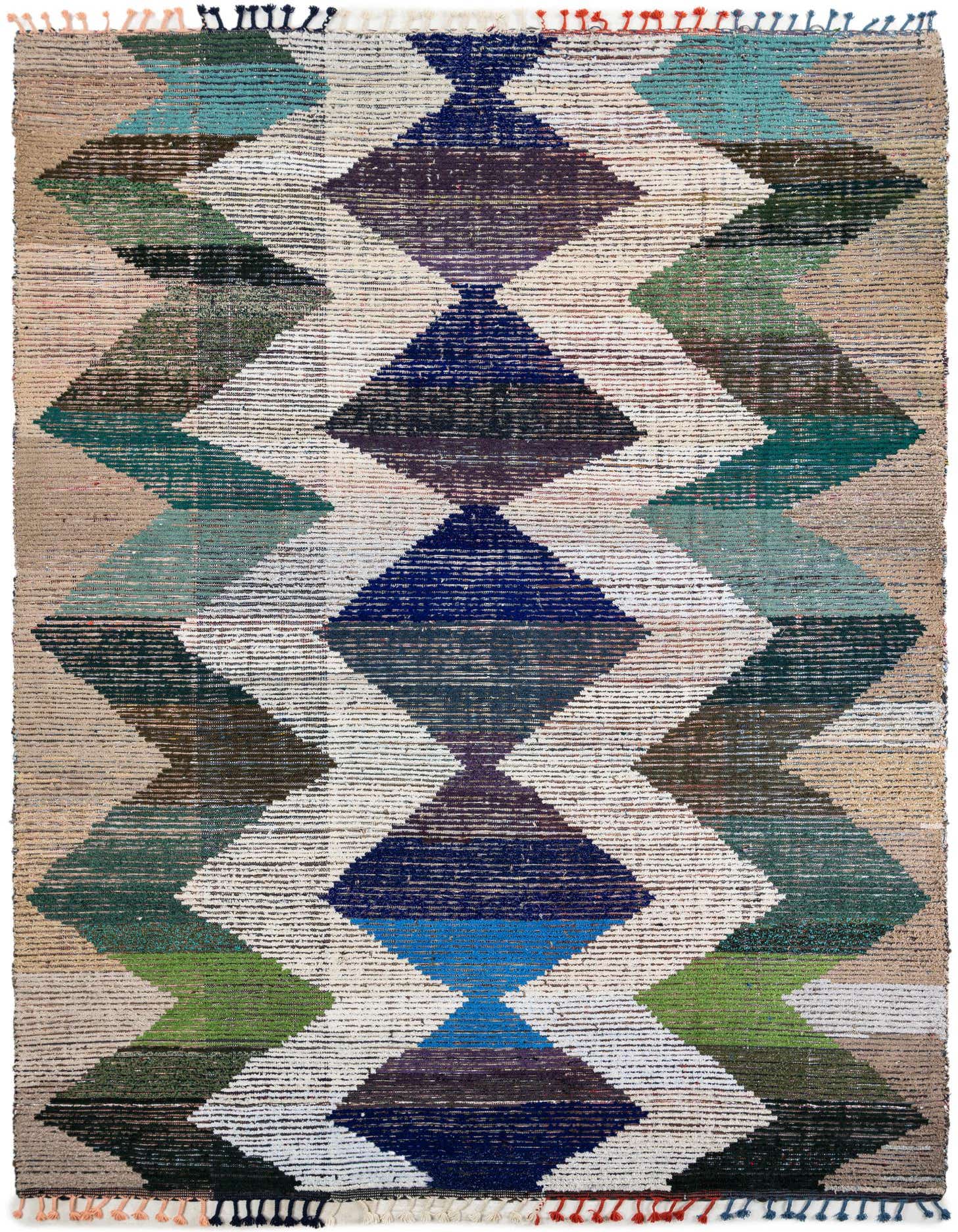 A 9x12 rectangular multi-colored tribal shag rug with a prominent diamond pattern in various shades of blue, green, and brown.