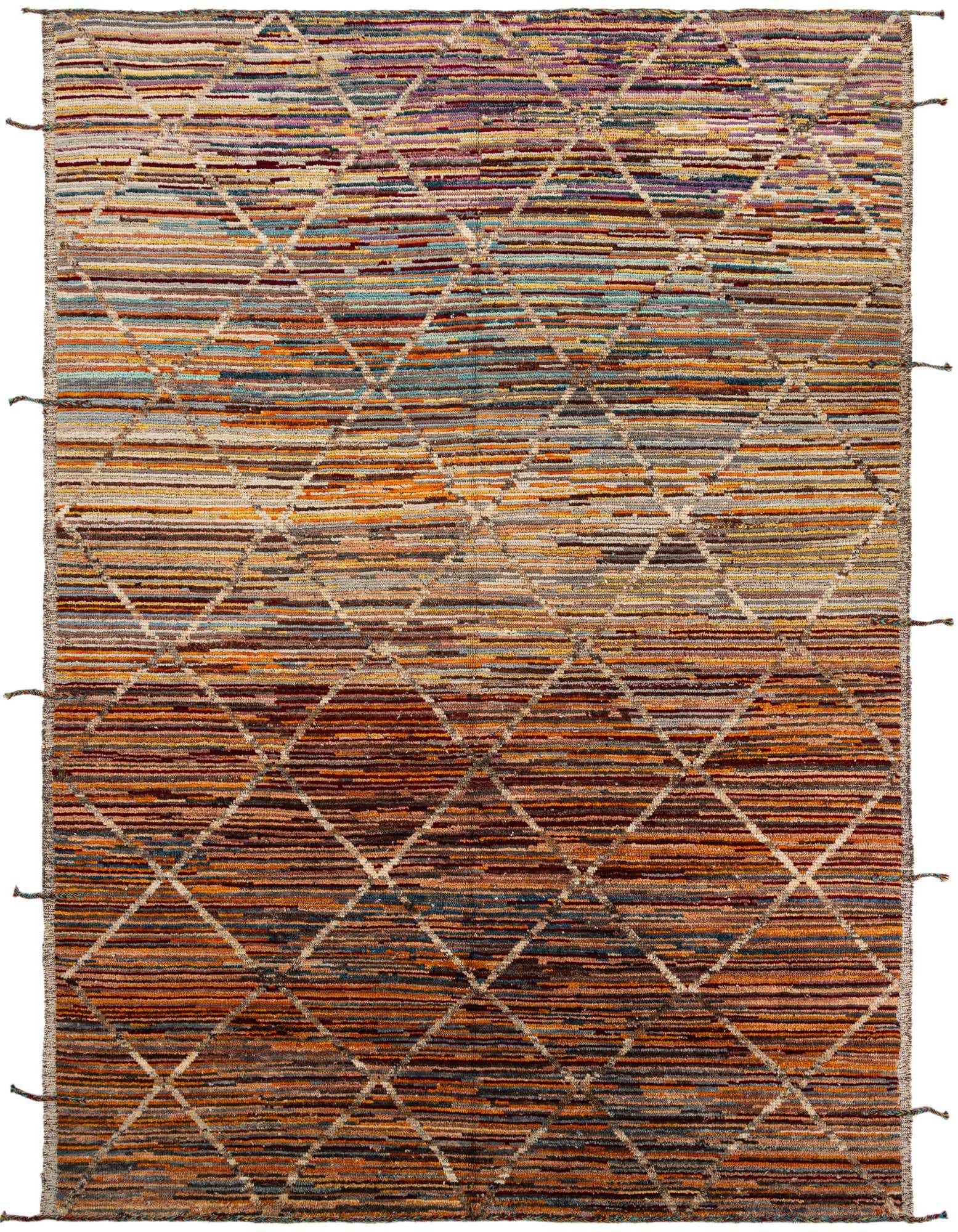 A 10x14 multi-colored rectangular wool shag rug with a tribal diamond pattern, ideal for indoor spaces.