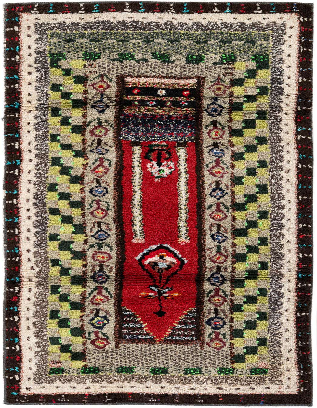 A vibrant 4x6 multi-colored rectangular shag rug with traditional tribal patterns, featuring a prominent red center and geometric borders, perfect for a living room.