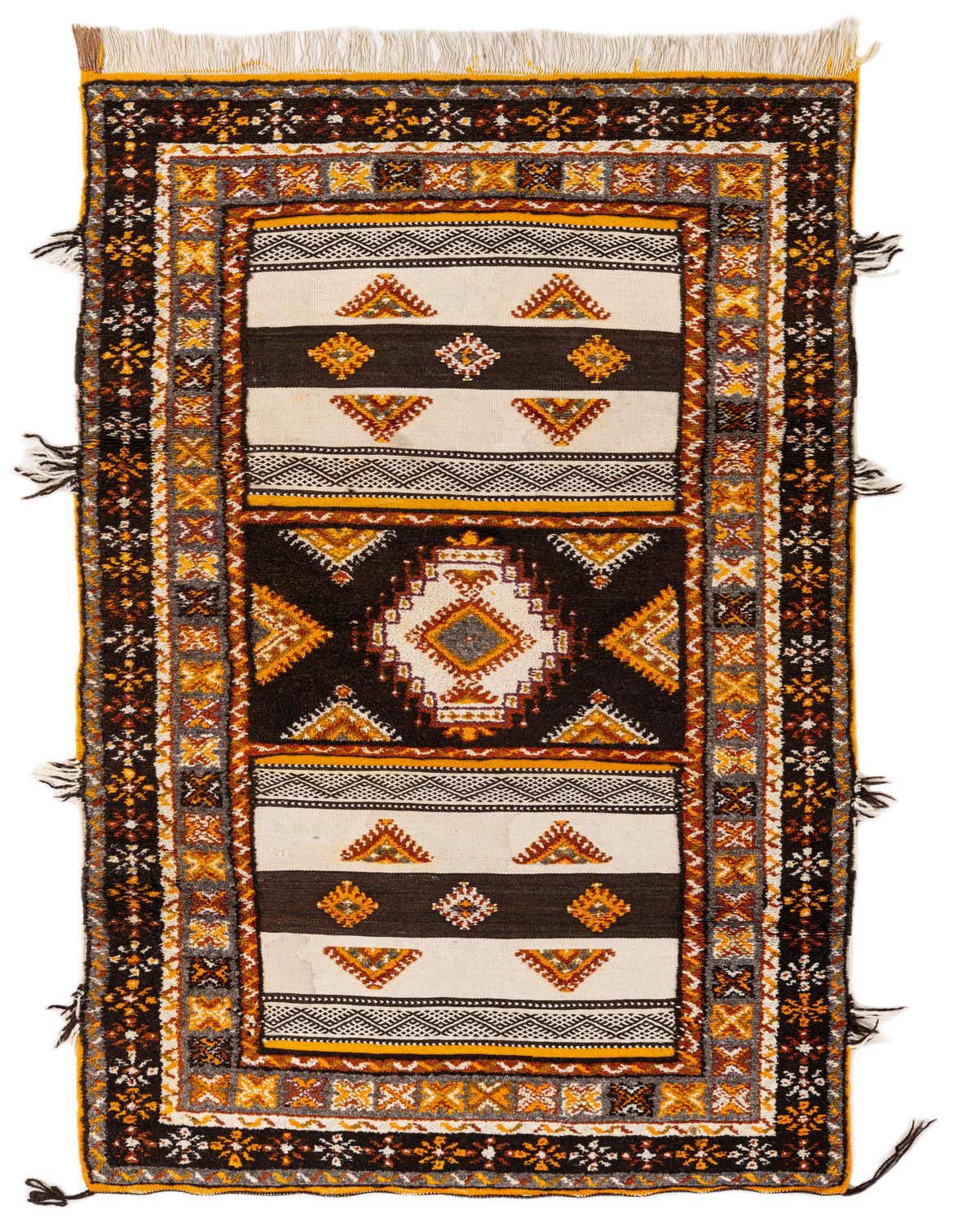 A 4x6 rectangular Moroccan shag rug with a multi-colored tribal pattern, featuring white, brown, and yellow hues.