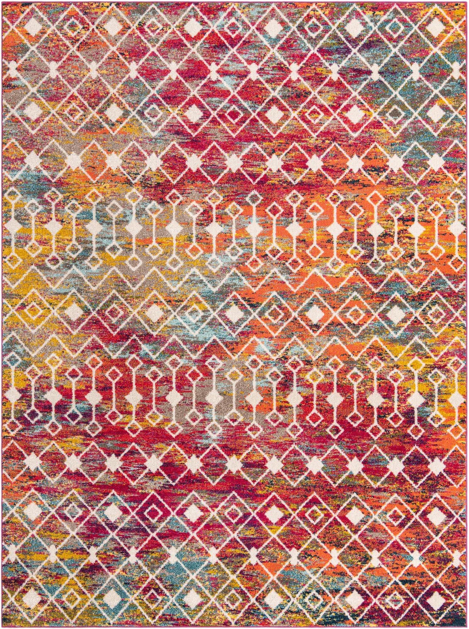 A 9x12 rectangular multi-colored Bohemian rug with a distressed tribal trellis pattern, ideal for a living room.