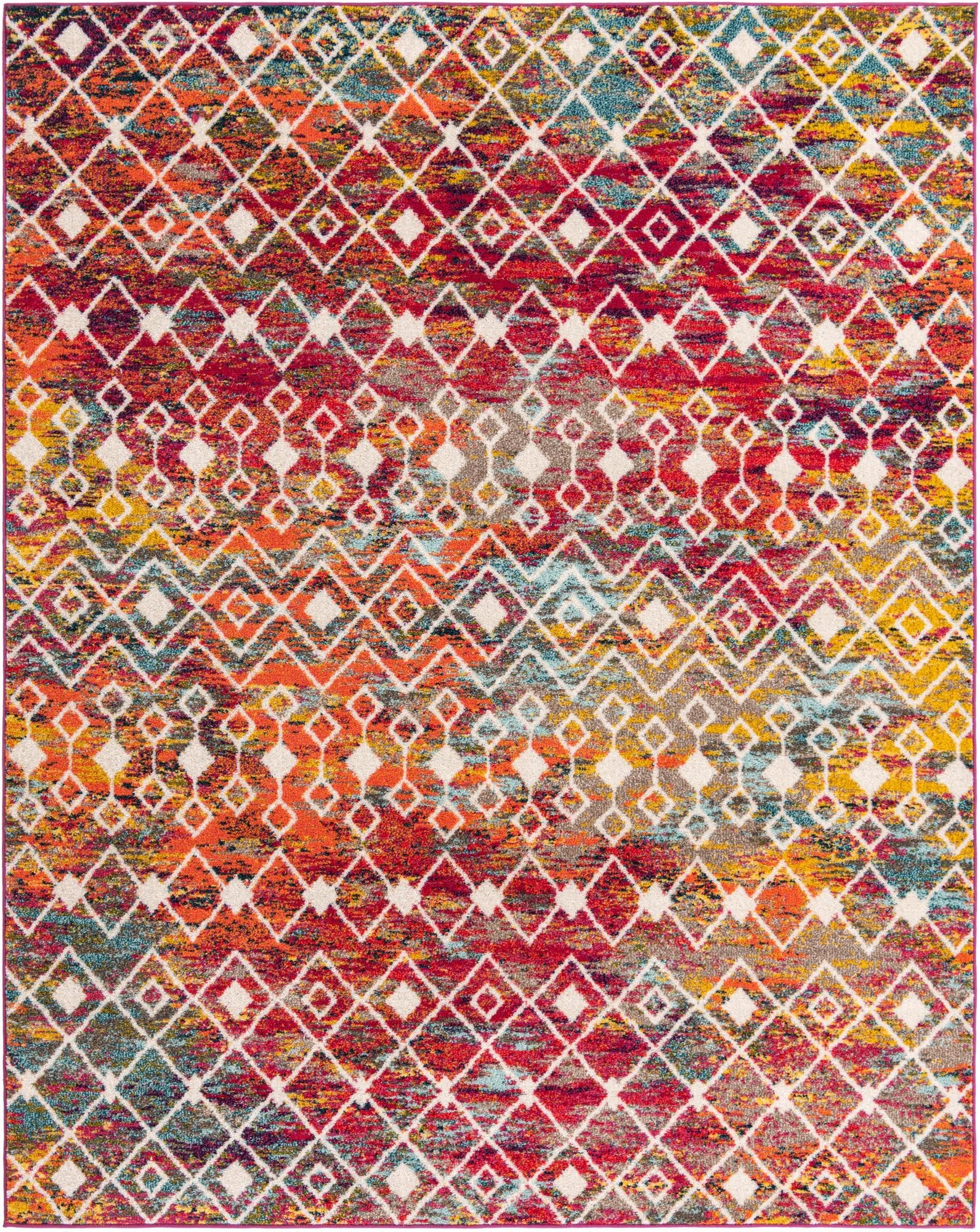 A vibrant 8x10 multi-colored rectangular rug with a distressed bohemian trellis pattern, featuring shades of red, orange, yellow, and blue.