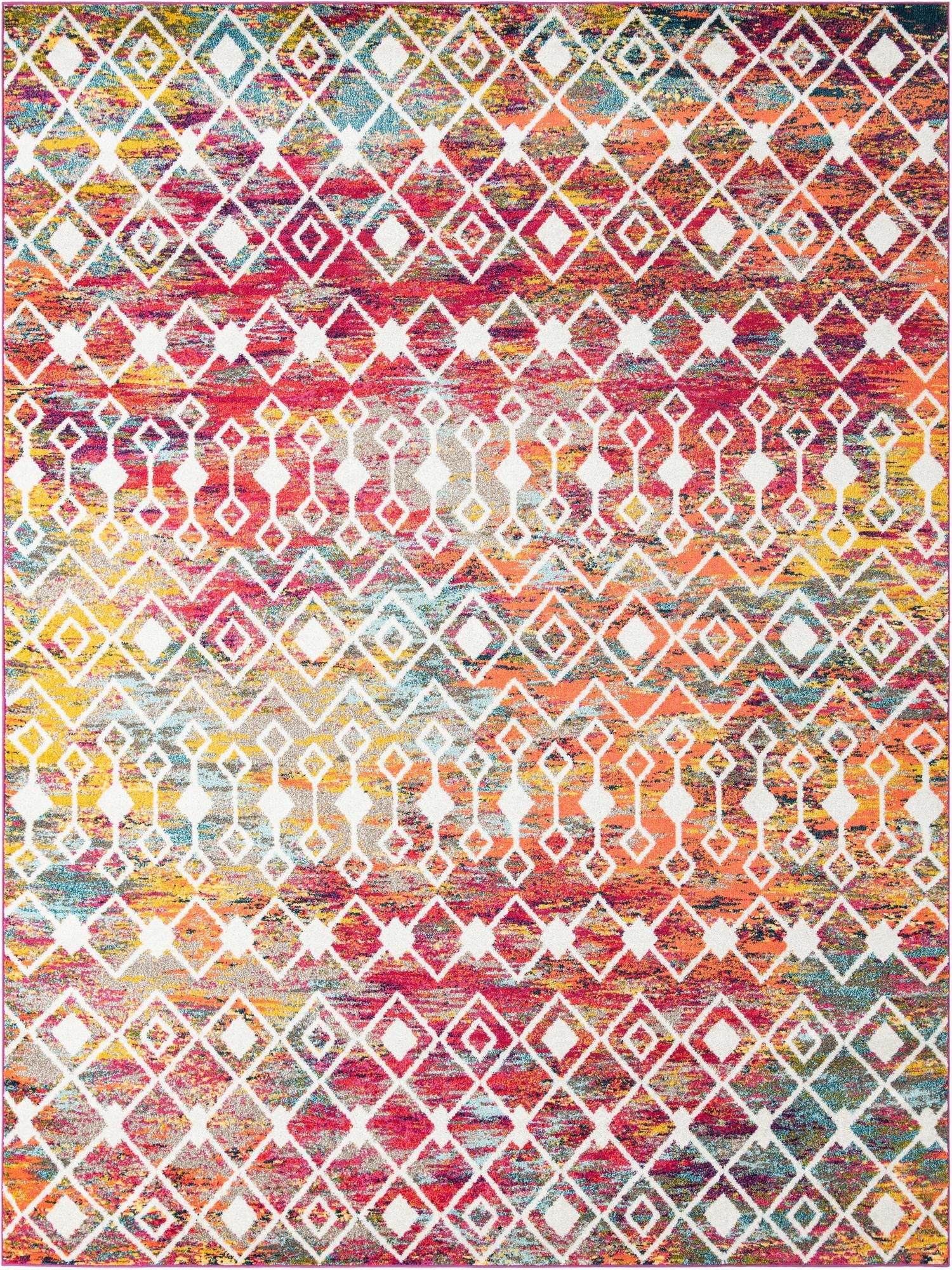 A 10x13 multi-colored rectangular area rug with a vibrant bohemian trellis pattern, ideal for a living room.